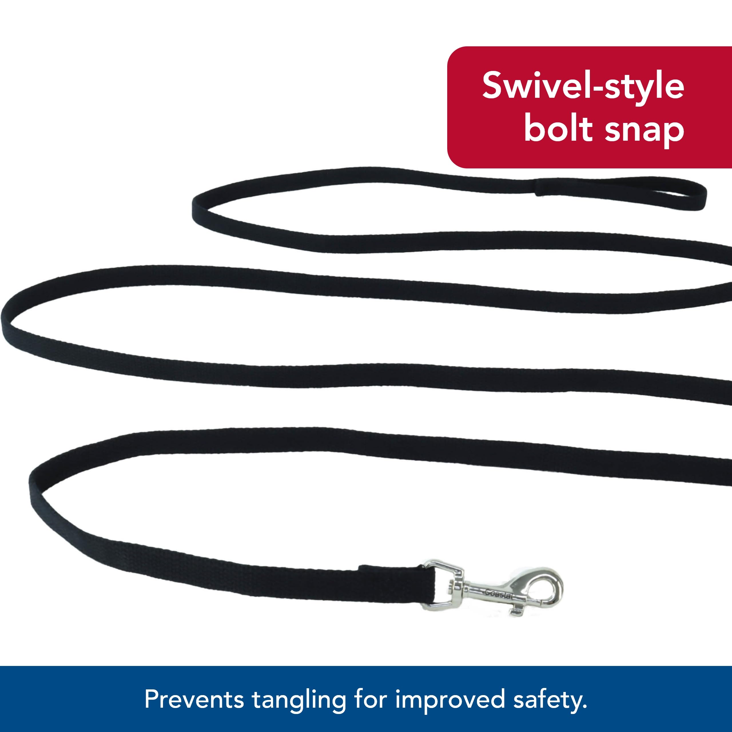 Coastal Pet Train Right Cotton Web Dog Training Leash - 100% Cotton - Durable Dog Walking Leash - For Puppies - Quality Training Supplies - Black, 5/8' X 10'