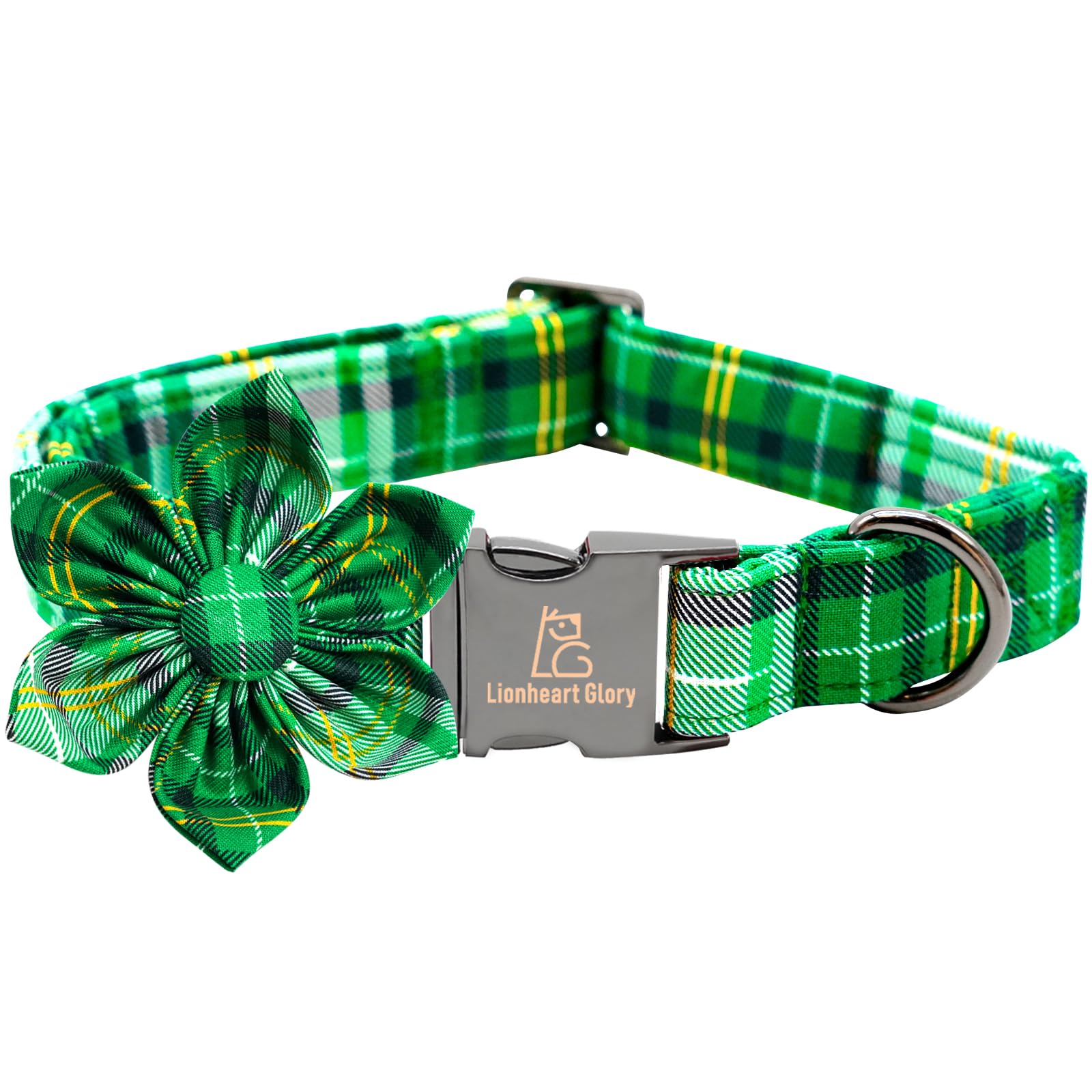Lionheart Glory St. Patrick'S Day Collar For X-Large Dogs - Green Plaid, Flower Pet Collar Bows
