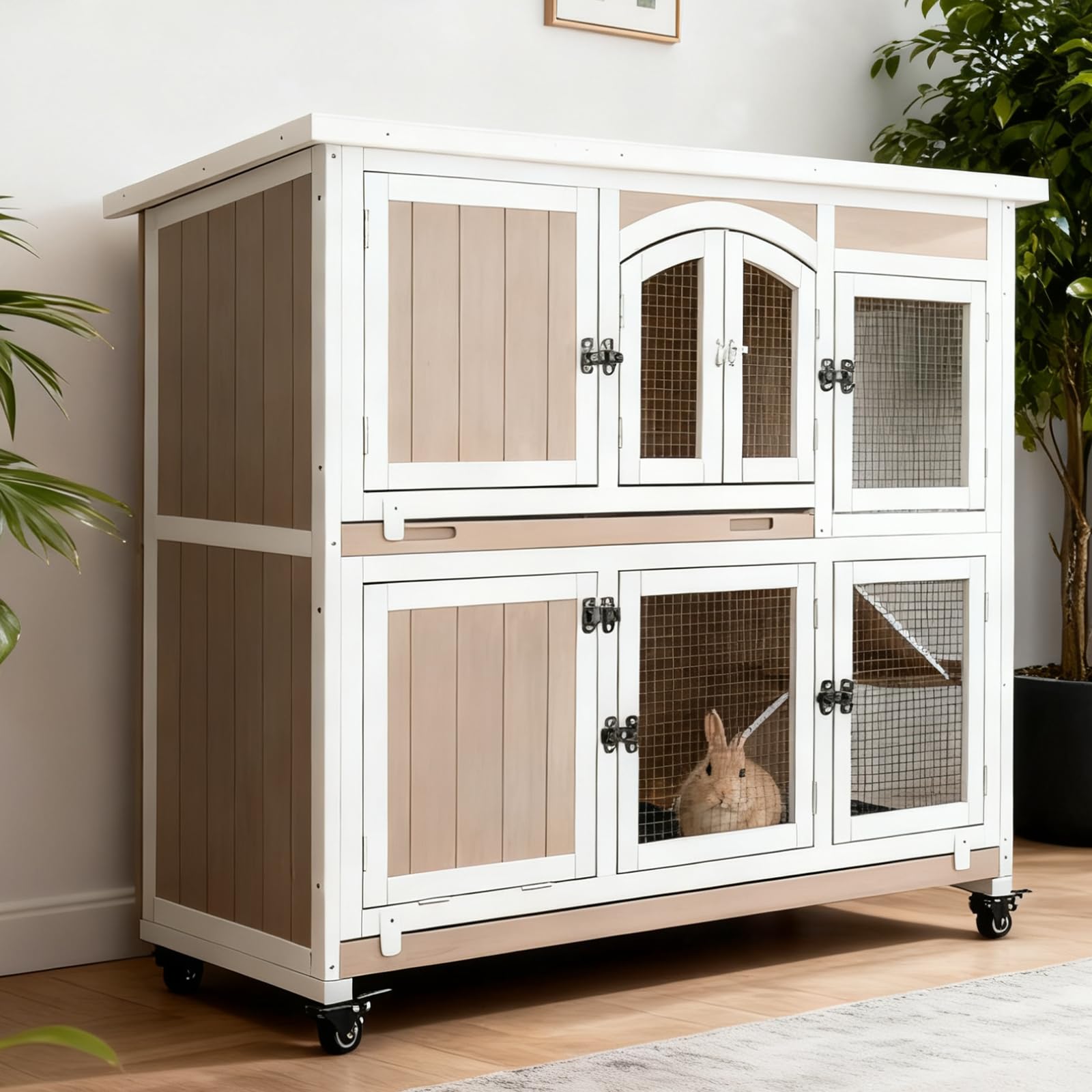 2 Story Rabbit Hutch Indoor Outdoor Wooden Bunny Cage with Chew-Anti Metal Strip Wheels Removable Deeper Pull-Out Trays Guinea P