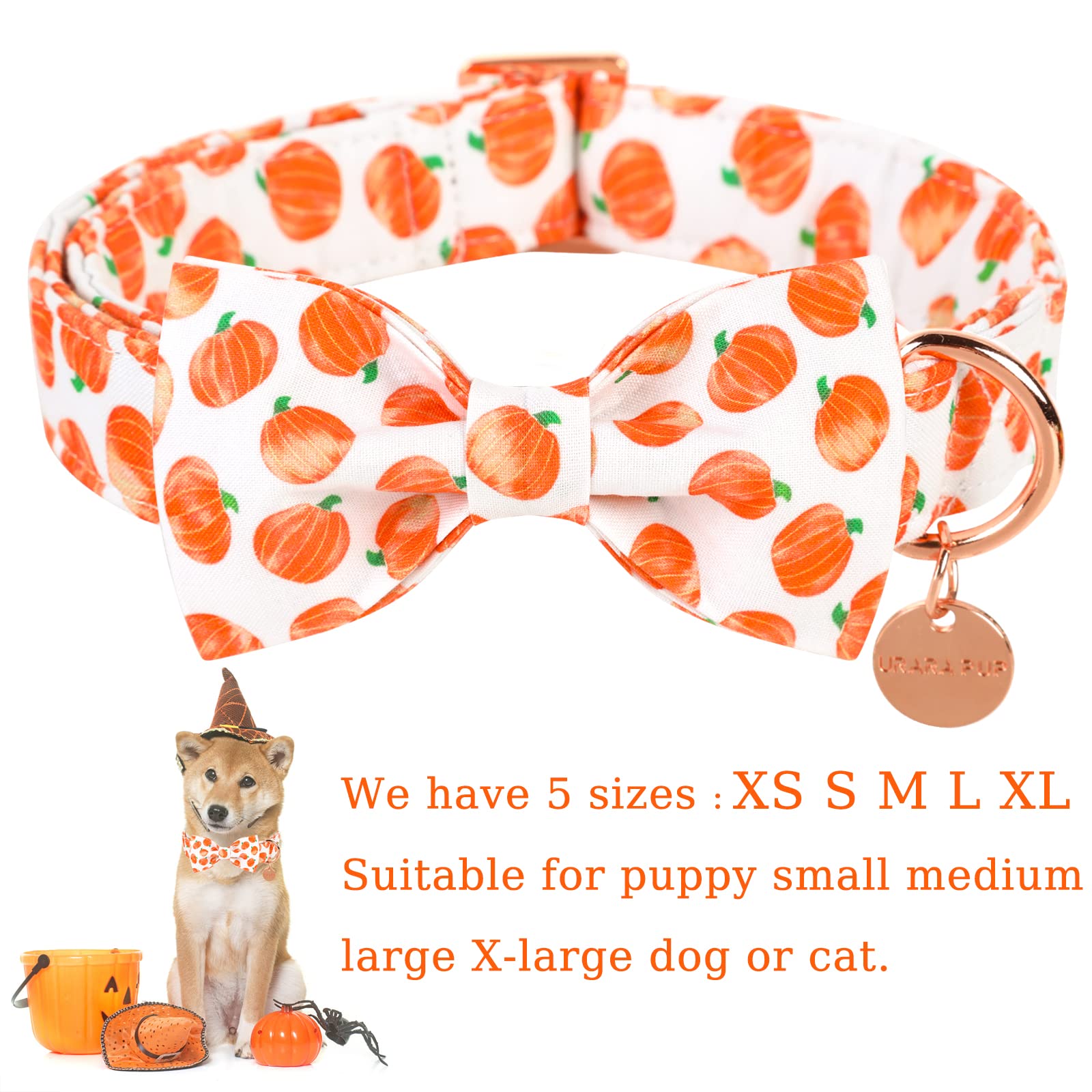 Up Urara Pup Halloween Dog Collar With Bow Tie, Pumpkin Cotton Bowtie Collar For Medium Girl Boy Dog, Fall Dog Collar Bowtie With Durable Metal Buckle, Adorable Pumpkin Pet Collar, M, Neck 13.5-22In