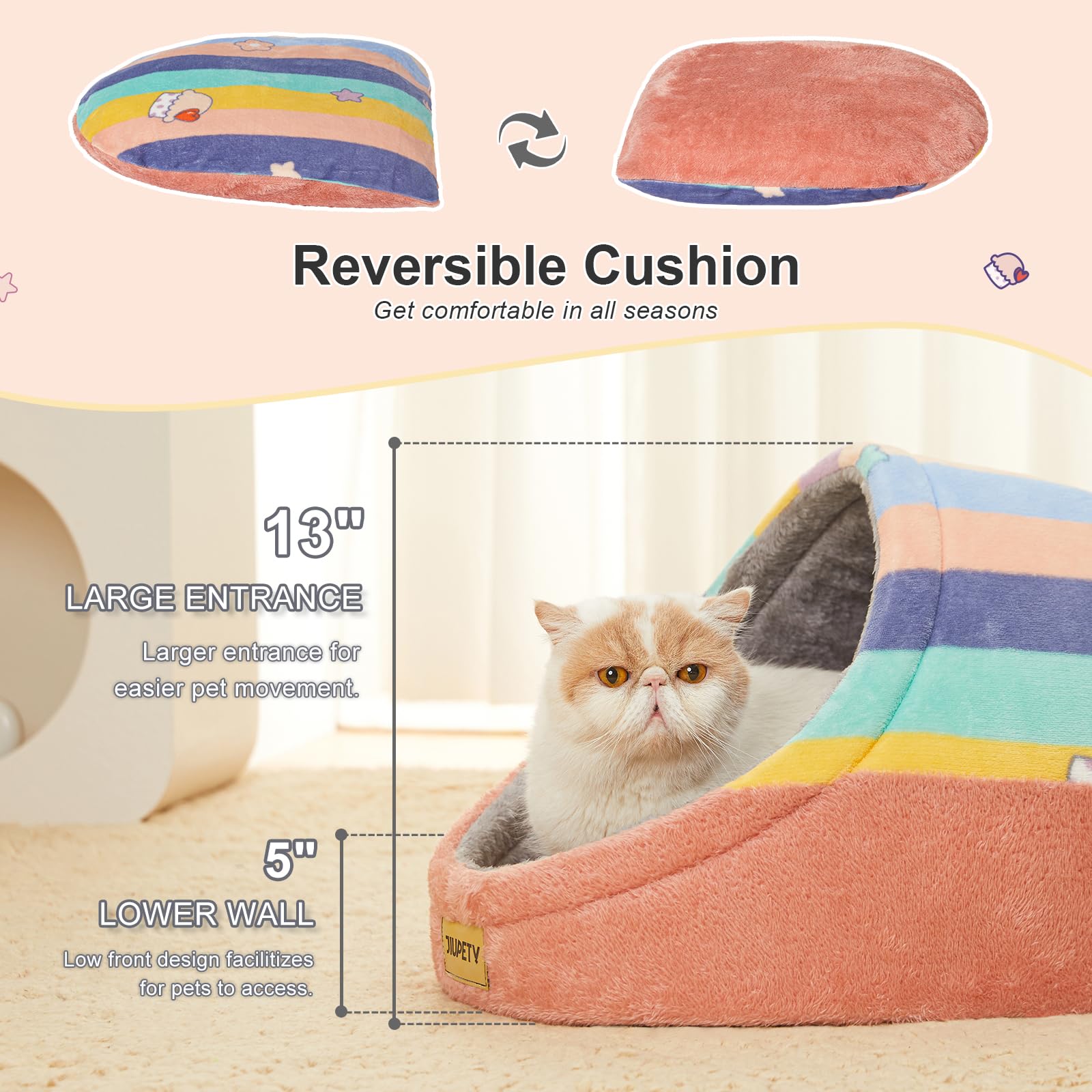 Jiupety Cat Cave Bed for Indoor Cats, Medium Rainbow Cotton with Washable Cushion