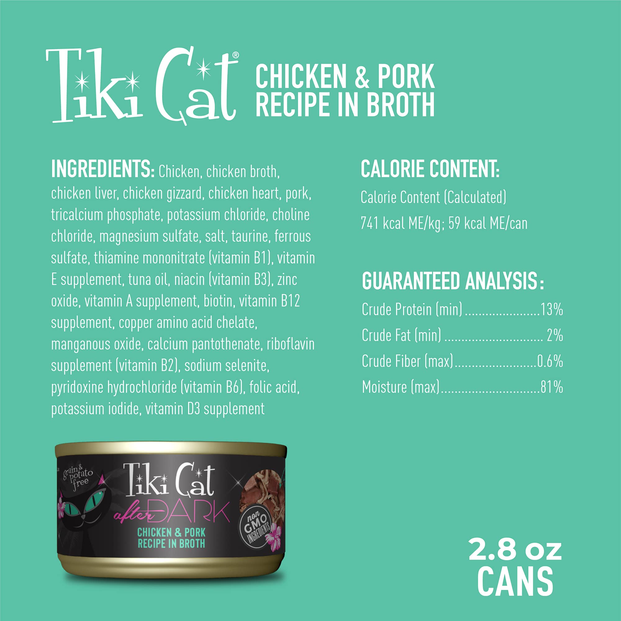 Tiki Cat After Dark, Chicken & Pork, High-Protein and 100% Non-GMO Ingredients, Wet Cat Food for Adult Cats, 2.8 oz. Cans (Pack