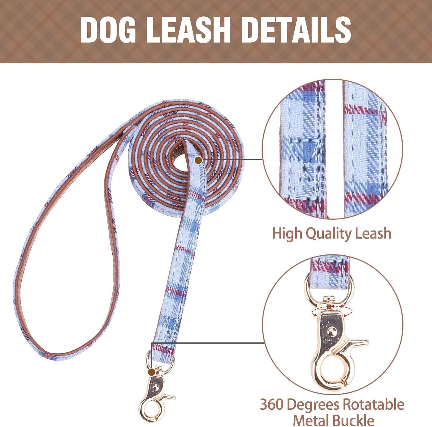 Bow Tie Dog Collar And Leash Set For Small Dogs - Puppy Leash Collars Classic Beige Plaid - Adjustable Size With Golden Bell - P