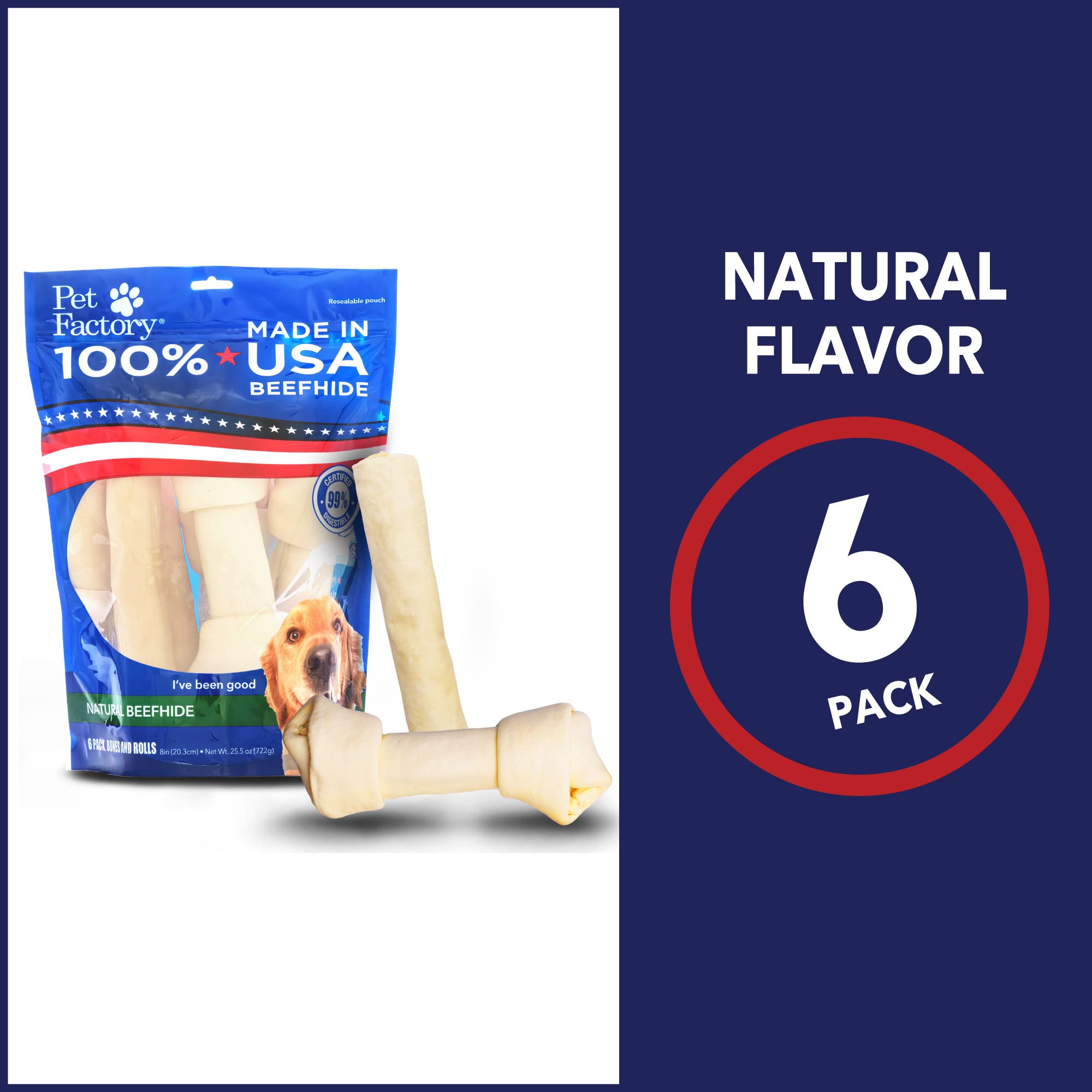 Pet Factory 100% Made in USA Beefhide 8-9 Assorted (Bones & Rolls) Dog Chew Treats - Natural Flavor, 6 Count/1 Pack