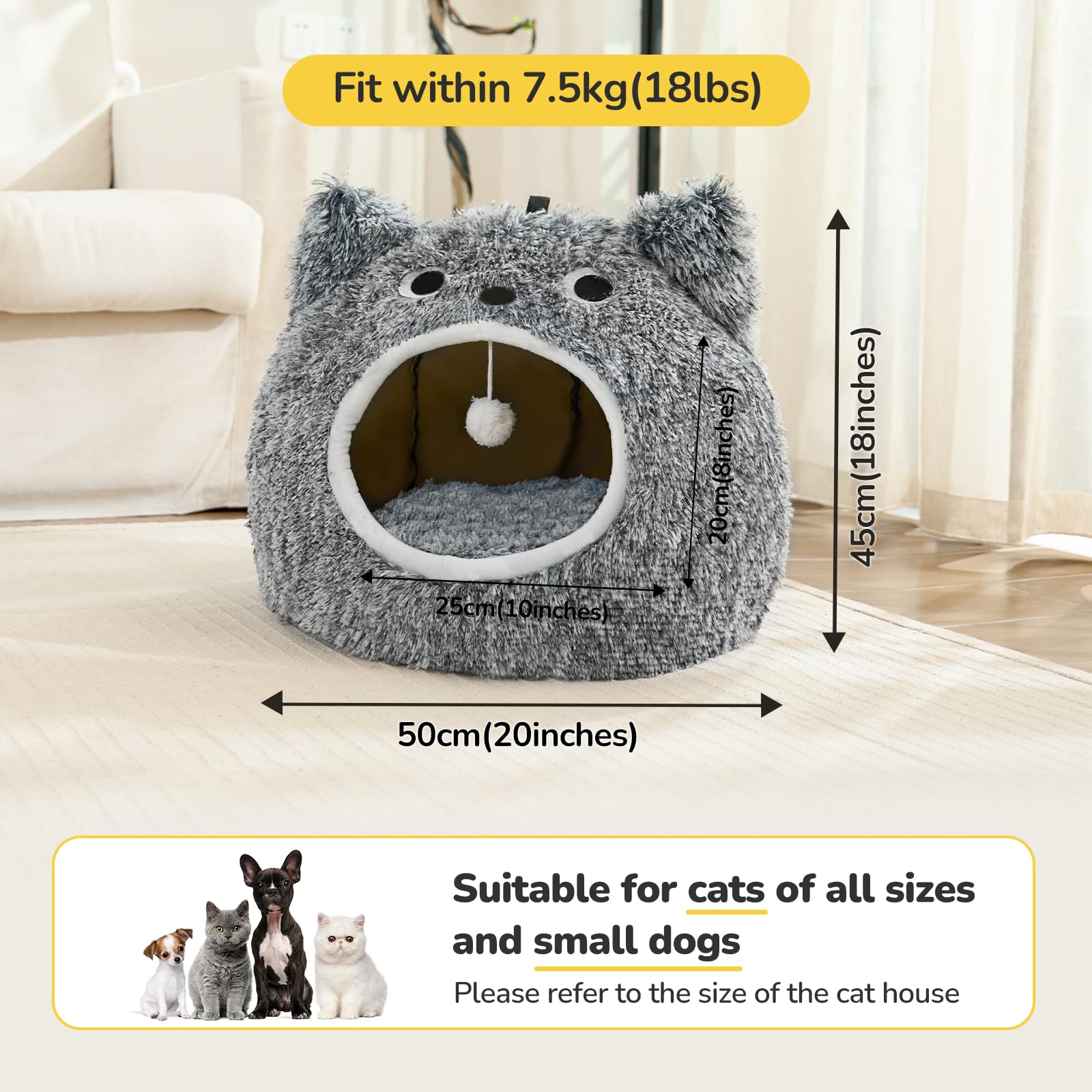 Catism Cat Bed For Indoor Cats - Cat Bed Cave Washable, Soft Plush, Removable Pillow, Non-Slip Base, Large Cave With Toy Balls F