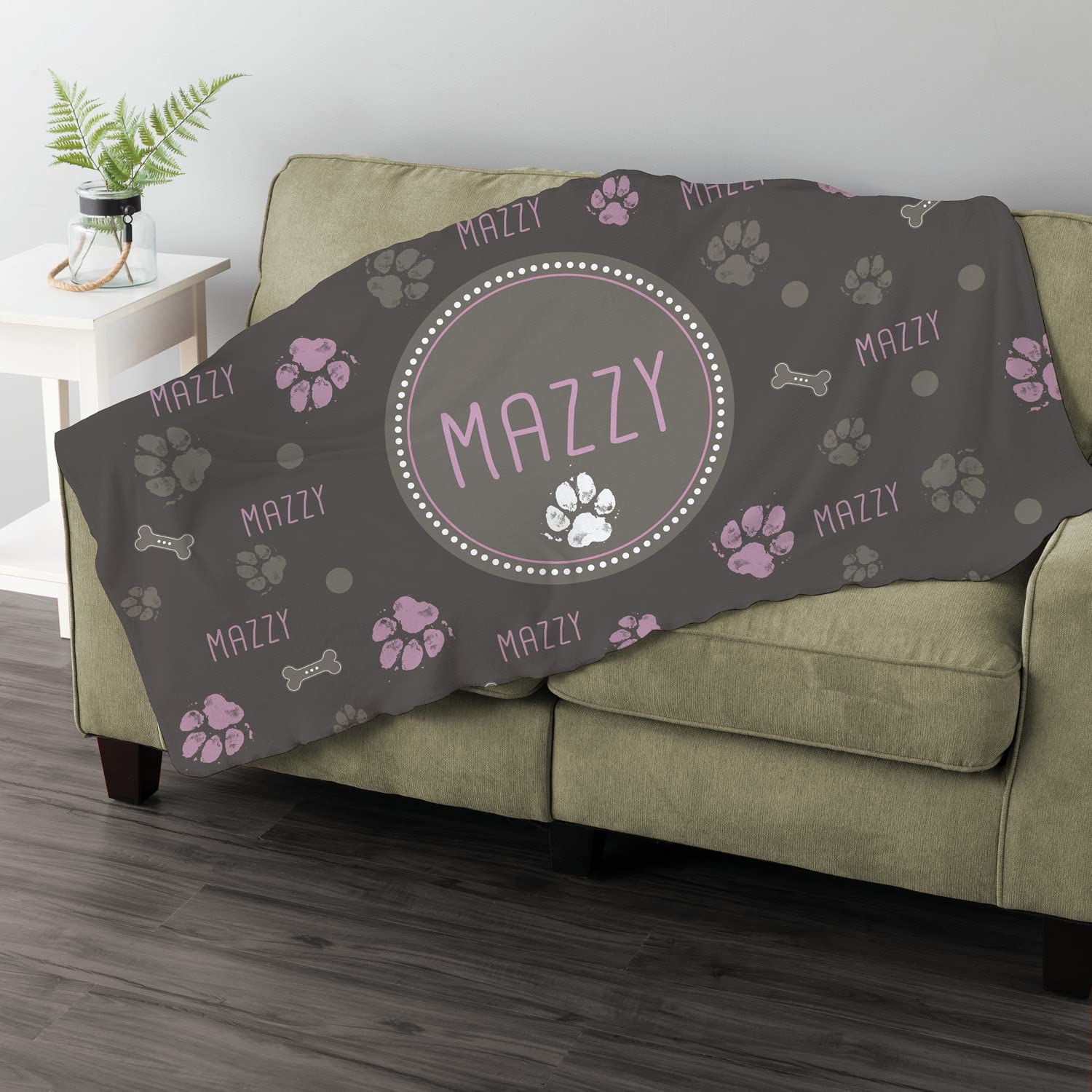 Personalized Planet Pink Paw and Bone Fuzzy Pet Blanket with Custom Name Printed | Soft Blanket with Rounded Corners for Cat or 