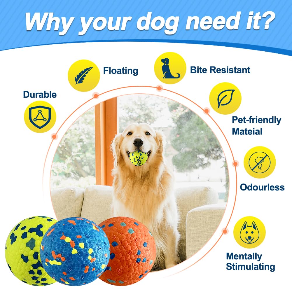 Mankoda Dog Tennis Balls - 3'' Durable Chew & Floating Toy for Aggressive Chewers, Colorful 3 Pack for Medium/Large Dogs