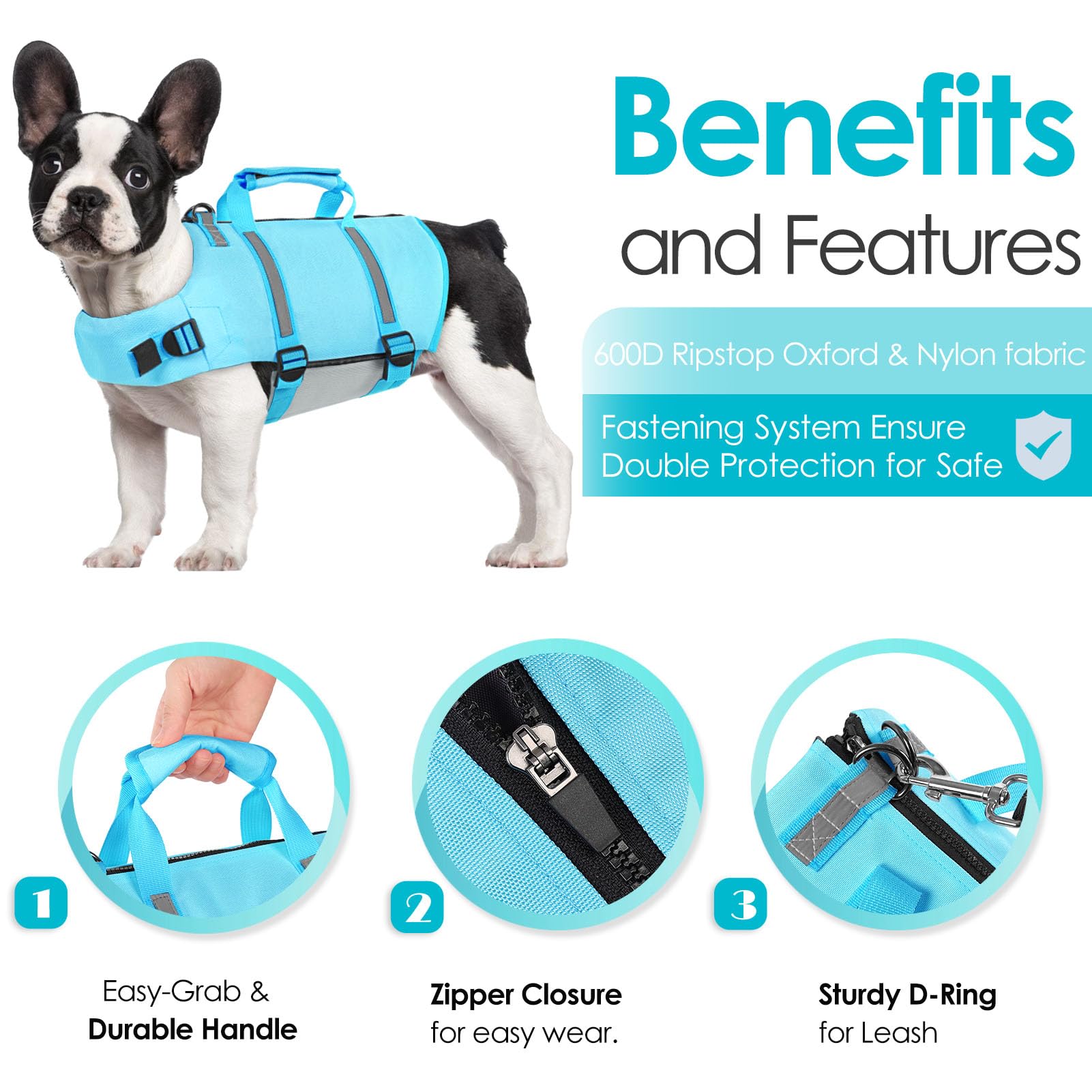 Aofitee Dog Life Jacket, Dog Life Vest With Zipper And High Flotation, Reflective Dogs Swimming Vest, Adjustable High Buoyancy P