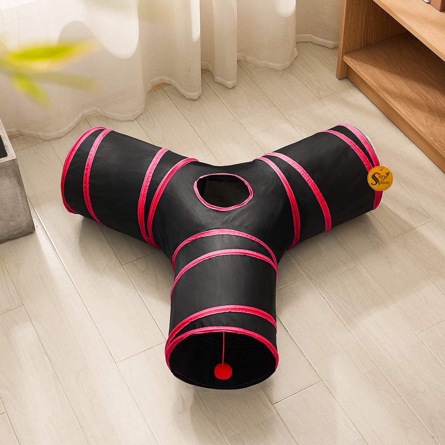Sage Square Big Size Portable Sleeping Bag Exercise 3 Way Tunnel With Hanging Ball For Cat/Kitten/Puppy/Dog (Red)