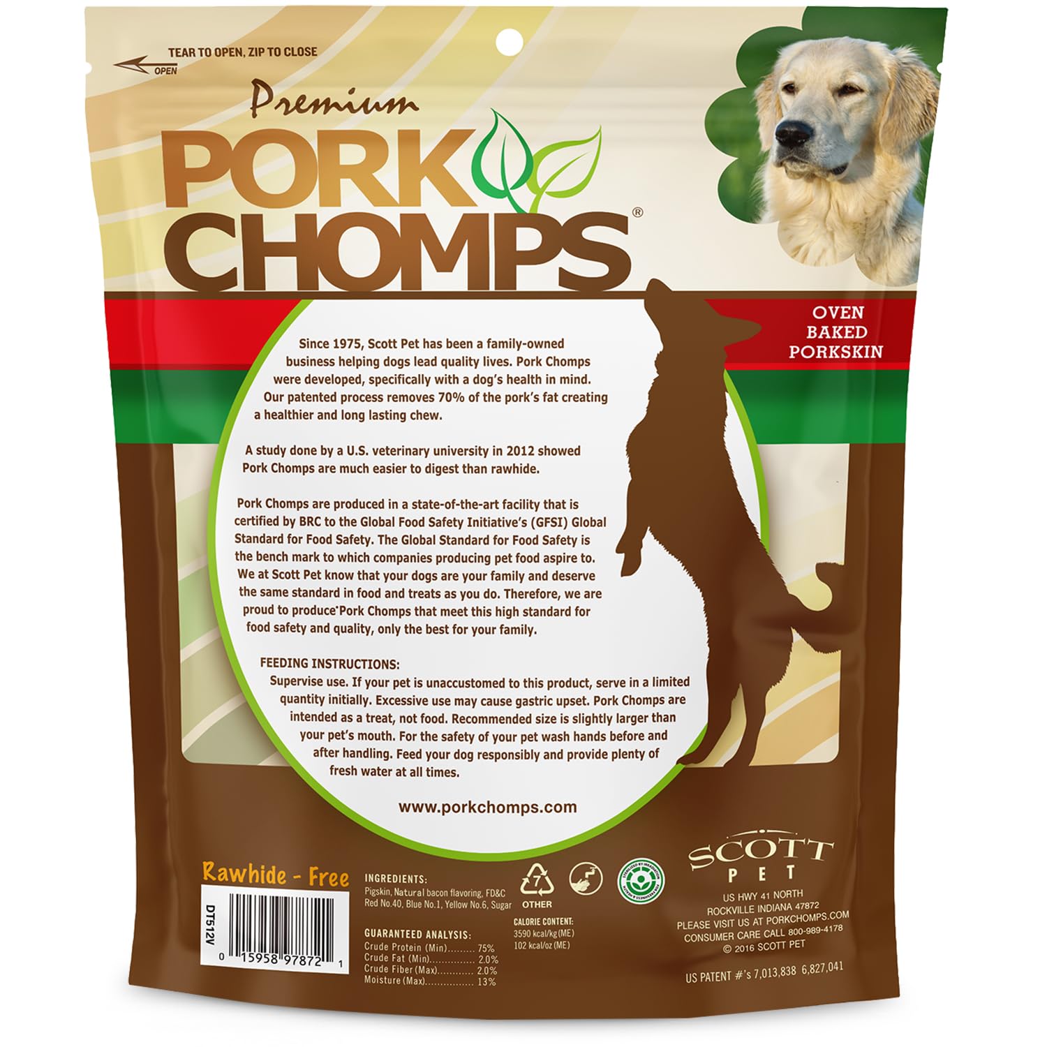 Pork Chomps Baked Pork Skin Dog Chews, 6-inch Knots, Bacon Flavor Strip, 8 Count