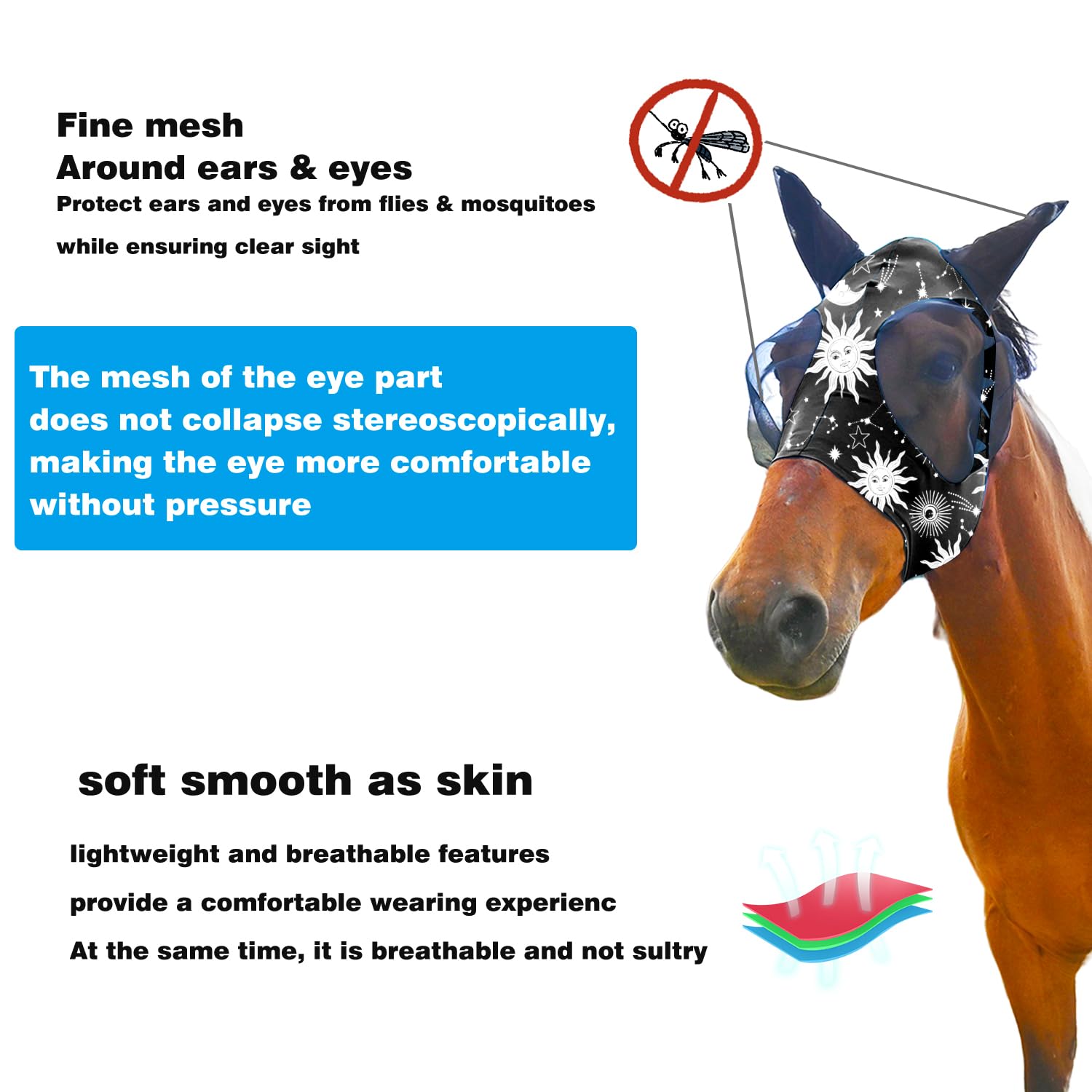 Super Comfort Fly Marsks for Horses of 4pcs Set-Horse FlyMask with Ears- Elasticity Fly Mask with UV Protection(Size:L