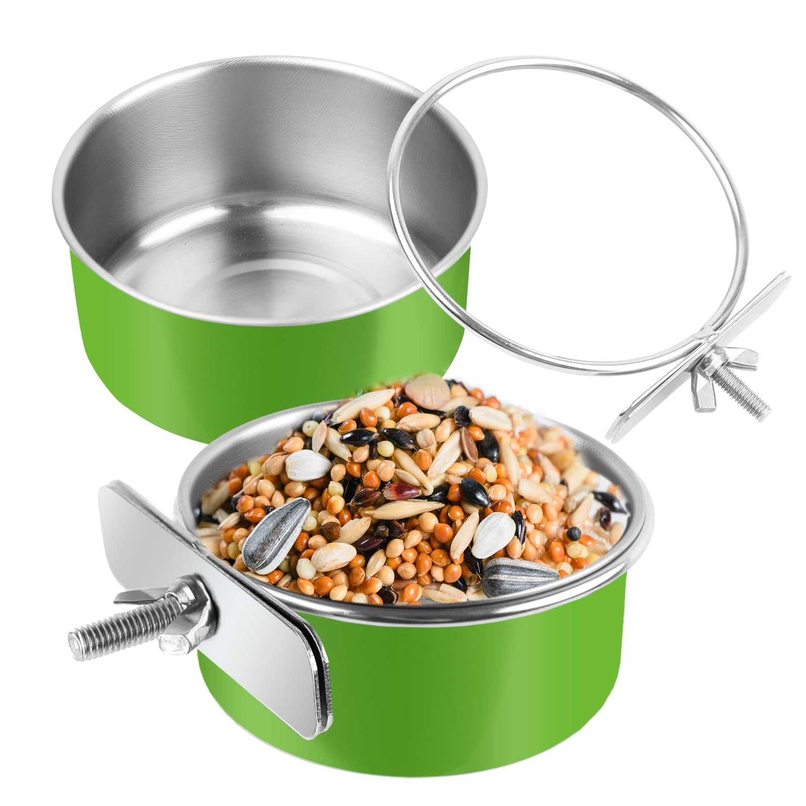 2 Pcs Stainless Steel Bird Bowls, Small Bird Food Dishes for Cage, Parrot Cage Feeder with Clamp Holder for Parakeet/Cockatiels/