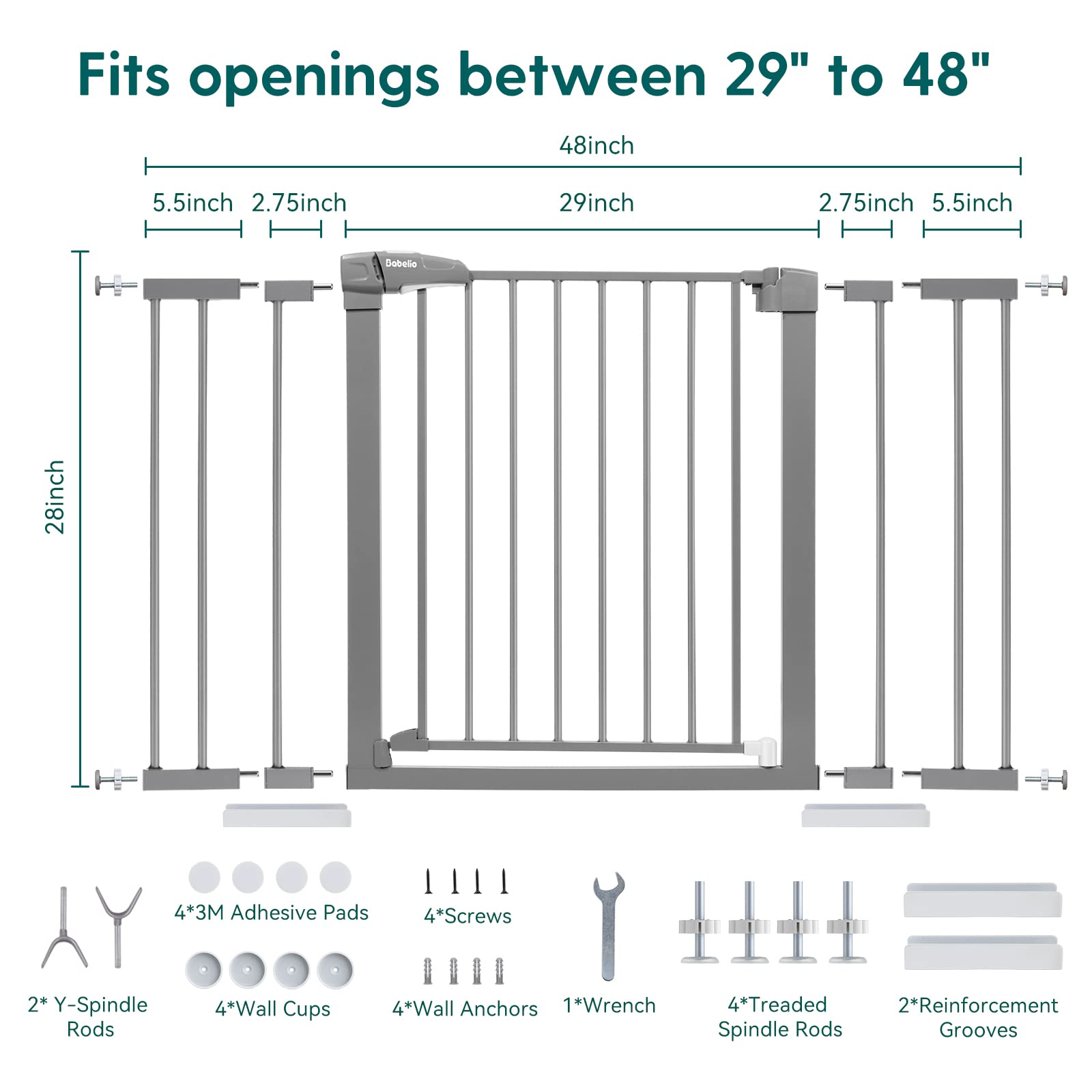 Babelio Metal Baby Gate, 29-48'' Auto Close Easy Install Pet Gate, Extra Wide Walk Thru Child Safety Gate With Door, Pressure Mounted Dog Gate For Doorways & Stairs, With Y Spindle Rods, Black