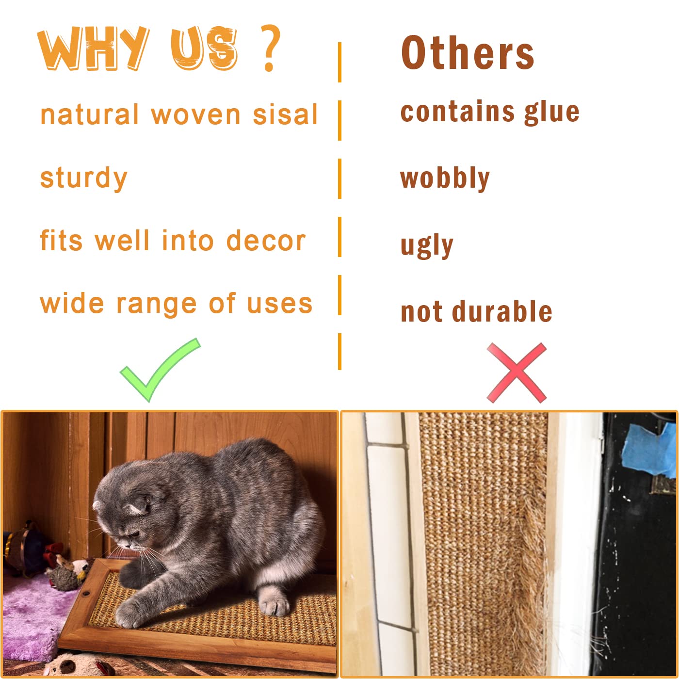 Lsaifater Cat Scratching Post - 2 Pcs, Wooden Sisal Cat Wall Scratcher, Floor Or Wall Mounted Vertical Cat Scratch Pad For Indoor Cats Adults Or Kittens, Cat Wall Furniture Protector