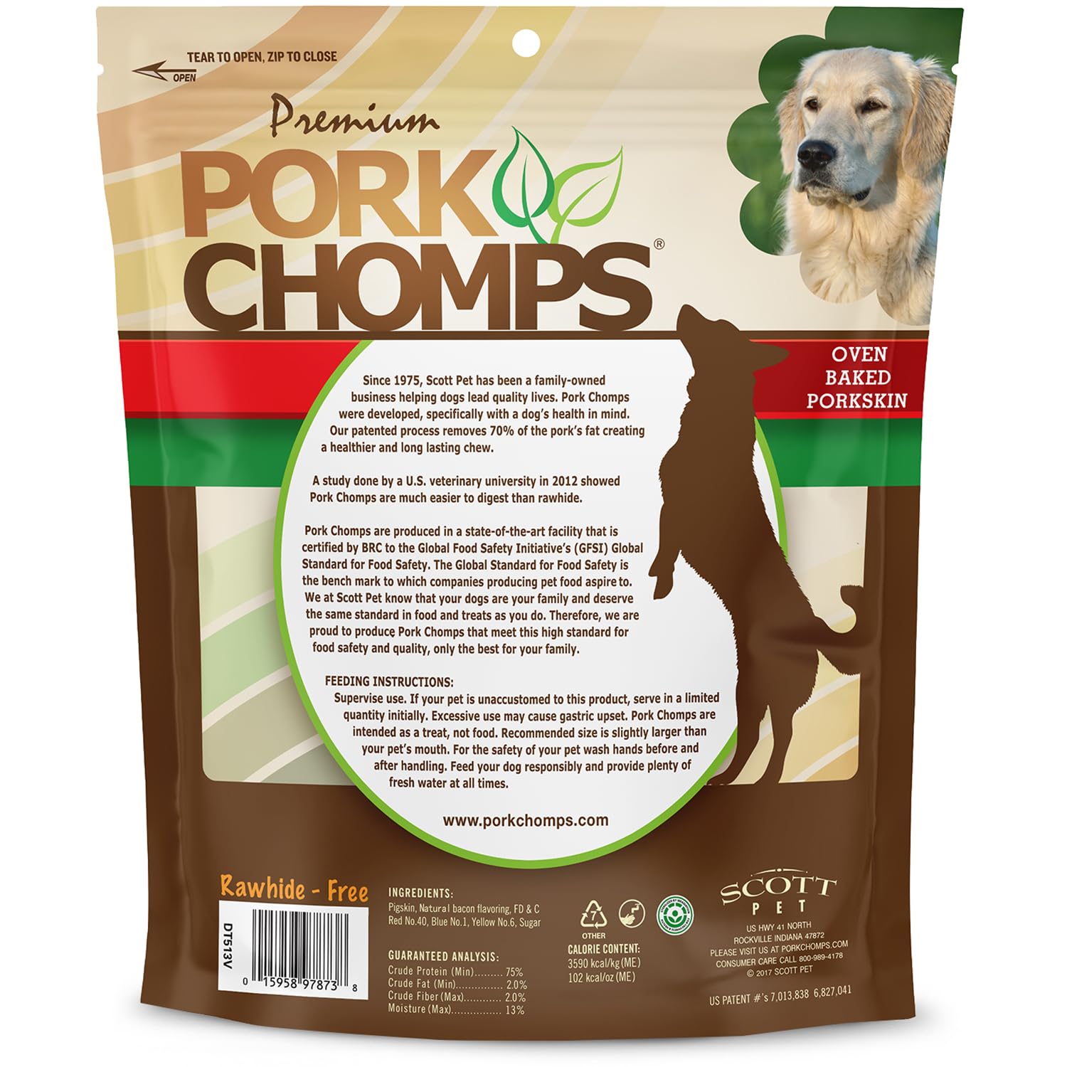 Pork Chomps Baked Pork Skin Dog Chews, 11-inch Knots, Bacon Flavor Strip, 4 Count