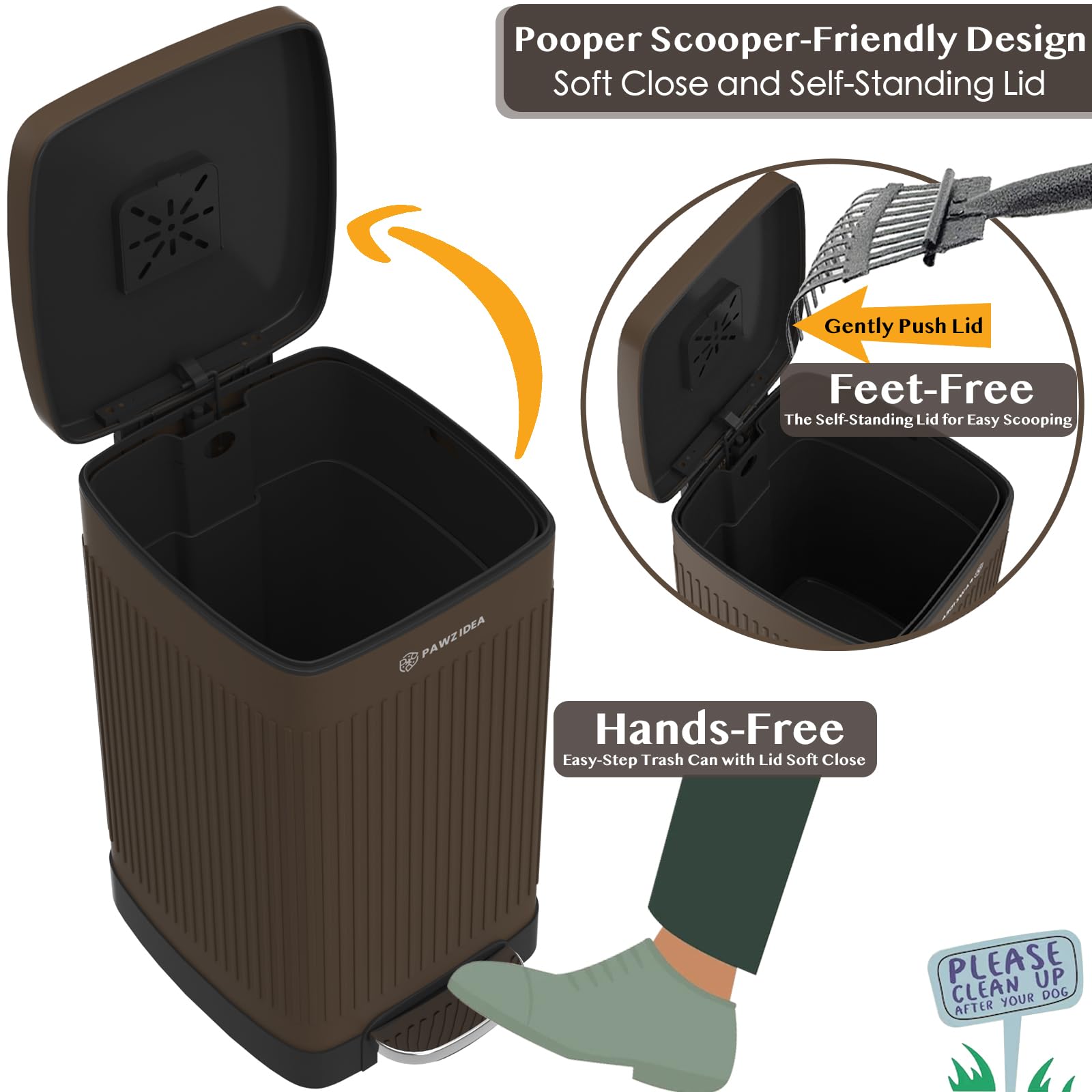 PAWZIDEA Dog Poop Trash Can - 5.3 Gallon, Waterproof, Odor Control, Chocolate Brown, Alloy Steel, Model WAKAPET04