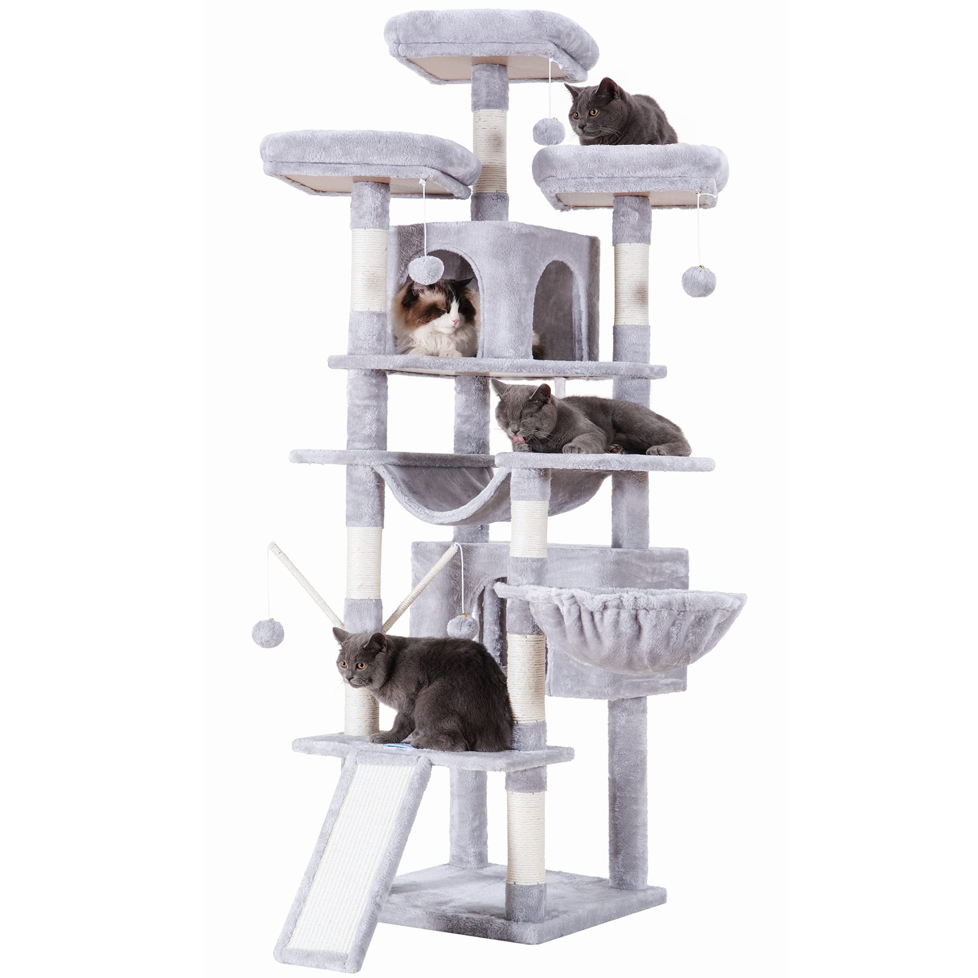 Hey-Brother Cat Tree, 71 Inches Xl Large Cat Tower For Indoor Cats, Multi-Level Cat House With 3 Padded Perches, Big Scratcher, Cozy Basket, 2 Cat Condos And Scratching Posts, Light Gray Mpj034W