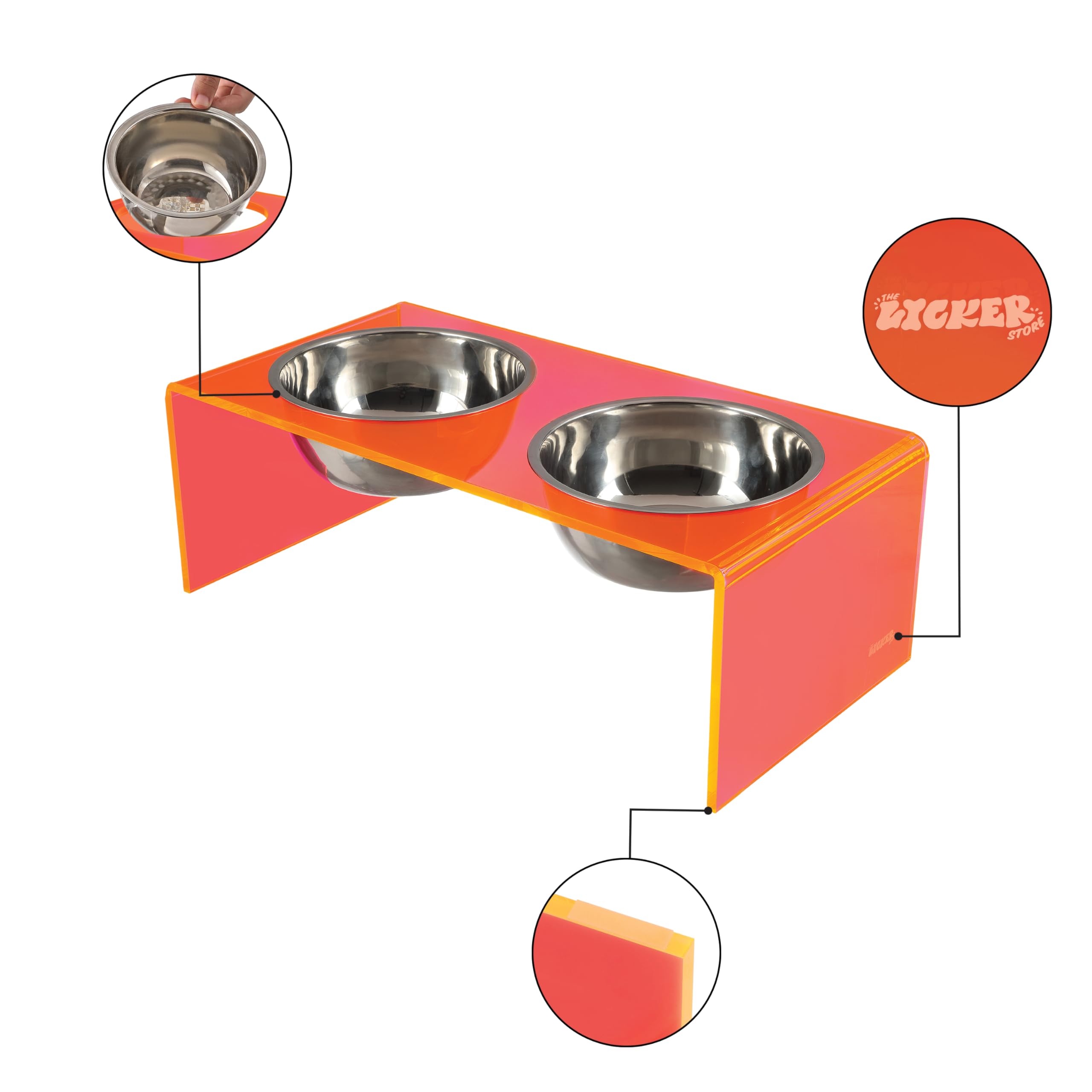 The LICKER Store DBL2000E Keaton 5 Small/Medium Modern Acrylic Rectangular Elevated Pet Feeder with 20oz 2-Stainless Steel Bowls