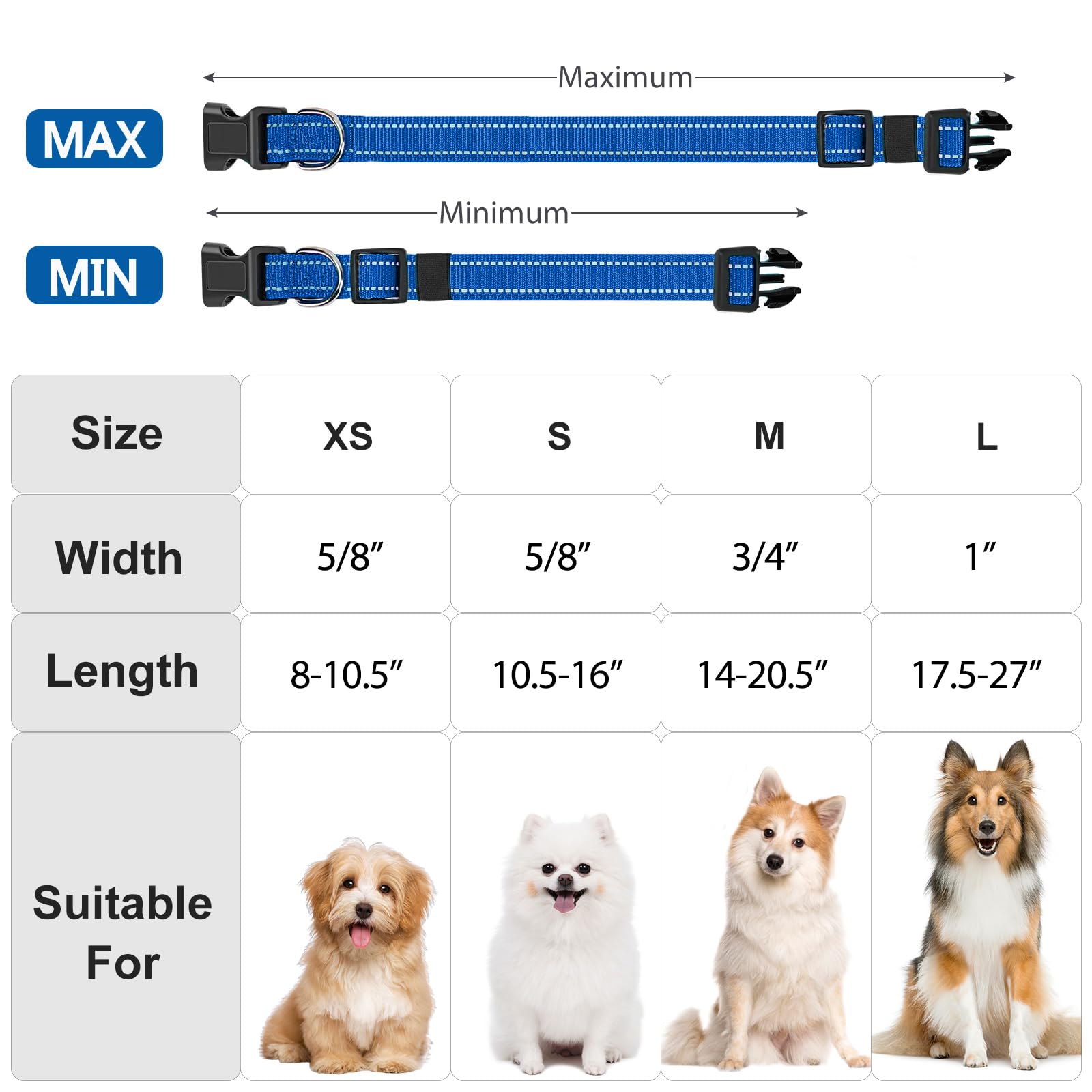Penseepet Reflective Dog Collar Padded With Soft Neoprene Breathable Quick Release Basic Dog Collars For Puppy Small Dogs Boy Girl Blue