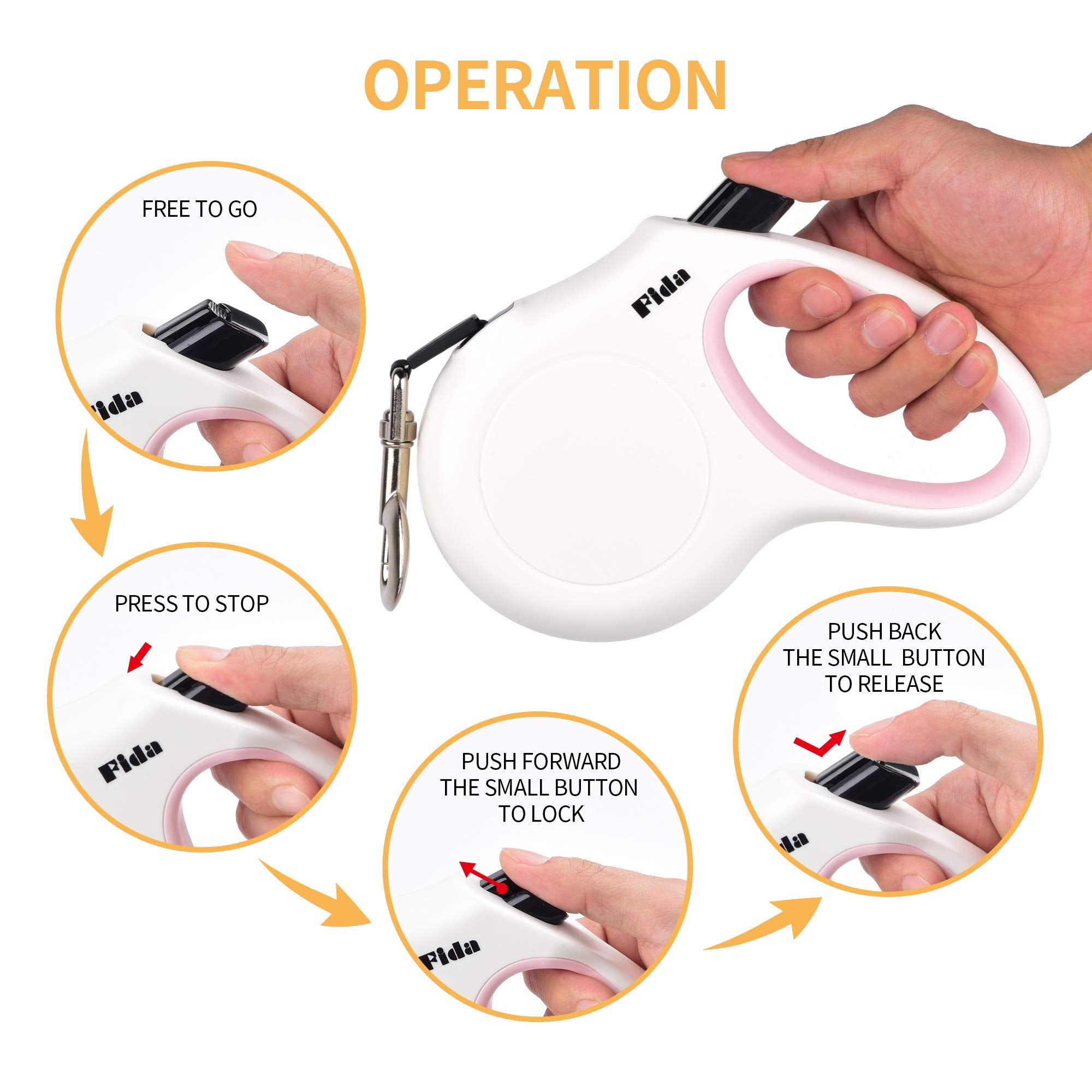 Fida Retractable Dog Leash, 16 Ft Dog Walking Leash For Medium Dogs Up To 44Lbs, Tangle Free, White & Pink