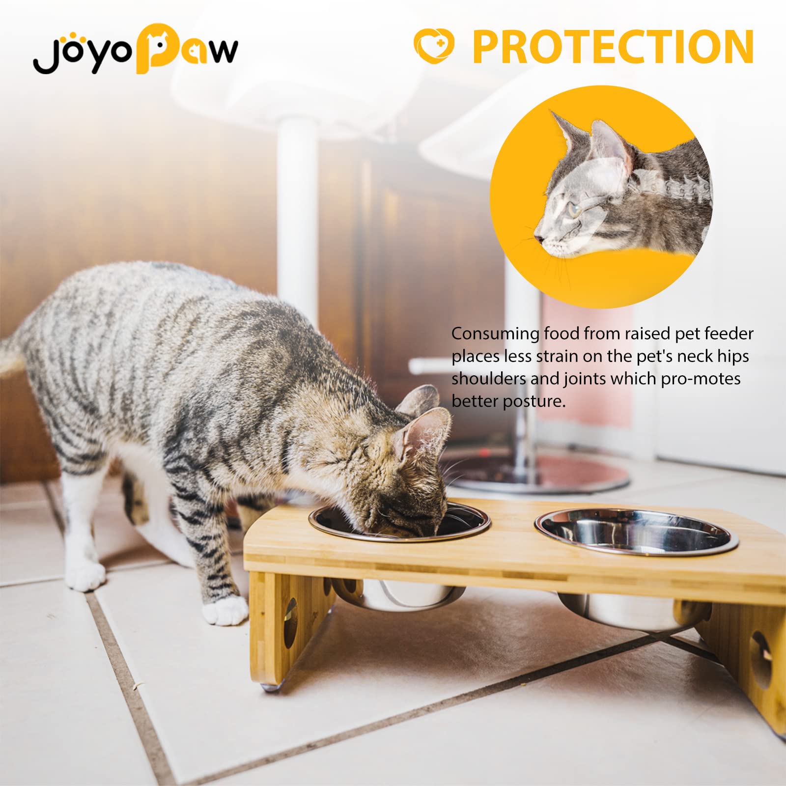 JOYOPAW Elevated Dog Bowls - Bamboo Raised Dog Bowl for Small Dogs & Cats, 4'' Tall with 3 Stainless Steel Bowls (20oz*2, 12oz*1)