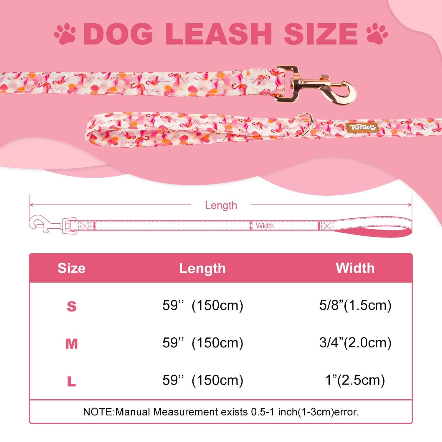 Tunkoo Pink Flamingo Heart Dog Leash - Stylish, Safe, Comfortable For Small Medium Large Dogs Pets Daily Walking L