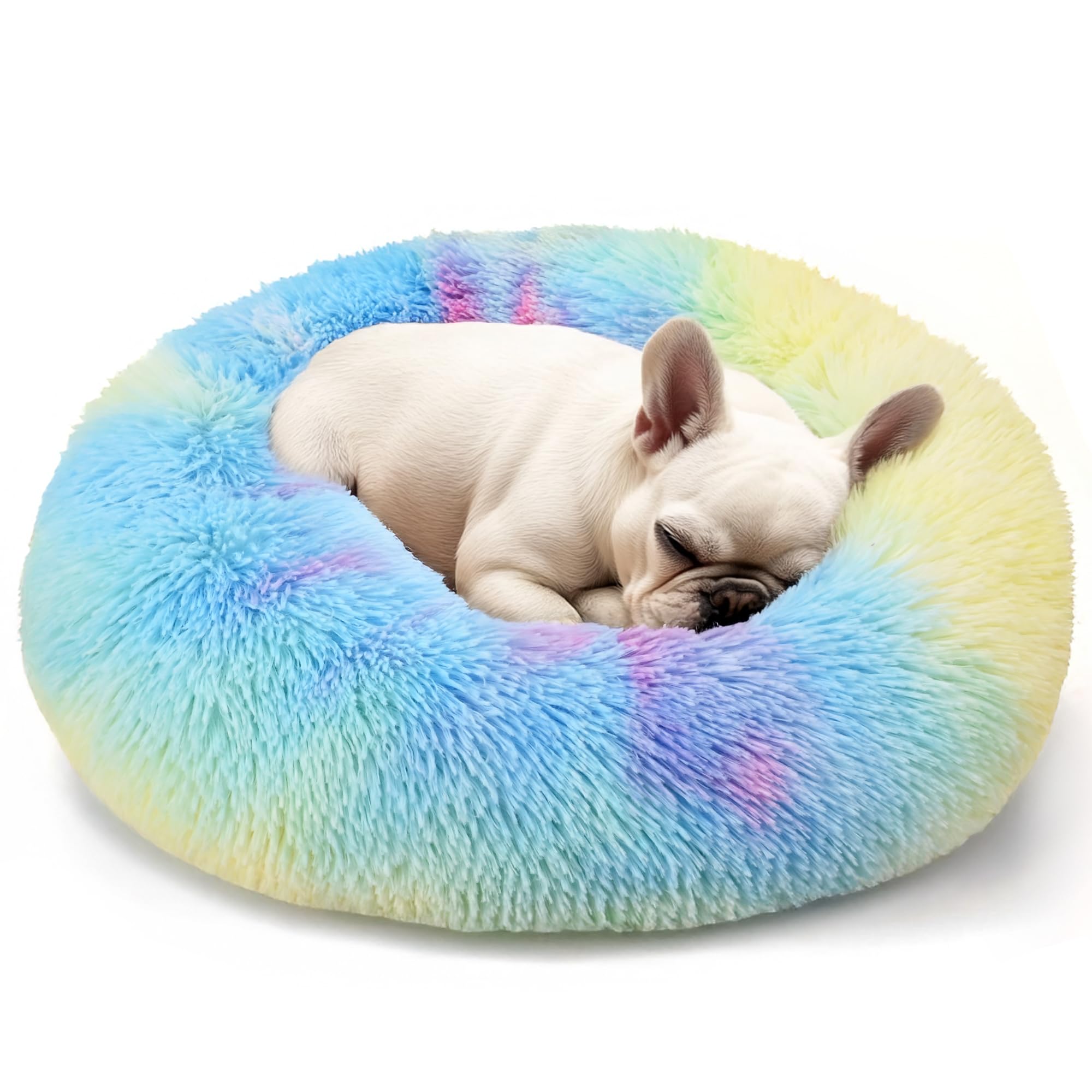 Dogs Bed for Small Dogs, Anti-Anxiety Washable Round Bed (Rainbow, 24.0 L x 24.0 W x 8.0 Th)
