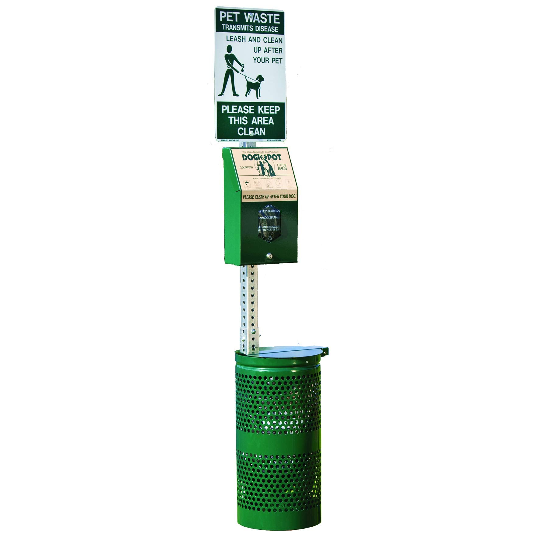 Dogipot 1003HPA-L Pet Station Includes Sign, Header Pak Dispenser, Aluminum Receptacle, Header Pak Bags and Liner Trash Bags, Fo