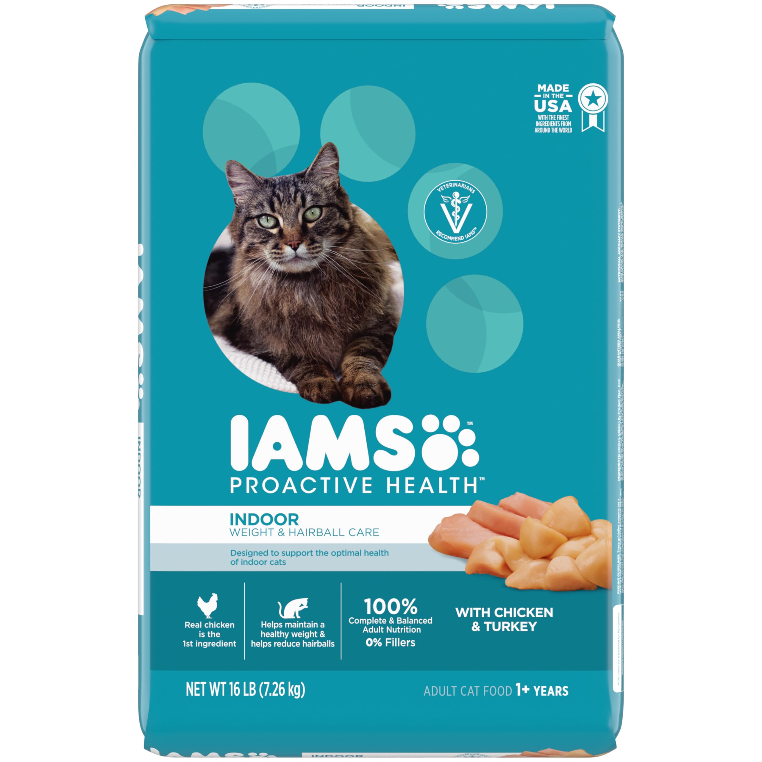 IAMS PROACTIVE HEALTH Adult Indoor Weight Control & Hairball Care Dry Cat Food with Chicken & Turkey Cat Kibble, 16 lb. Bag