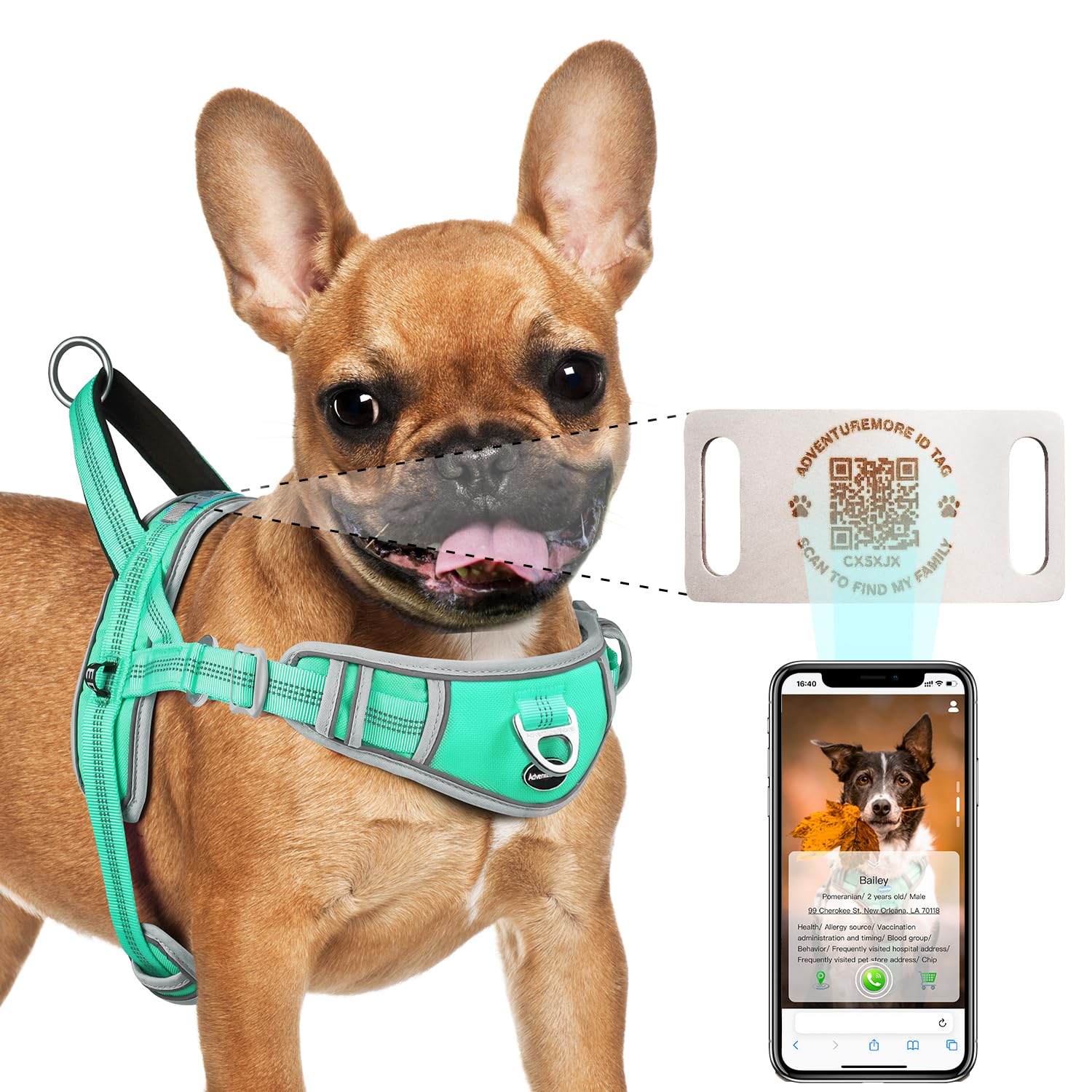 Adventuremore Small Dog No Pull Harness With Qr Code Tag, Adjustable Reflective Vest, Front Clip Handle For Training Walking - T