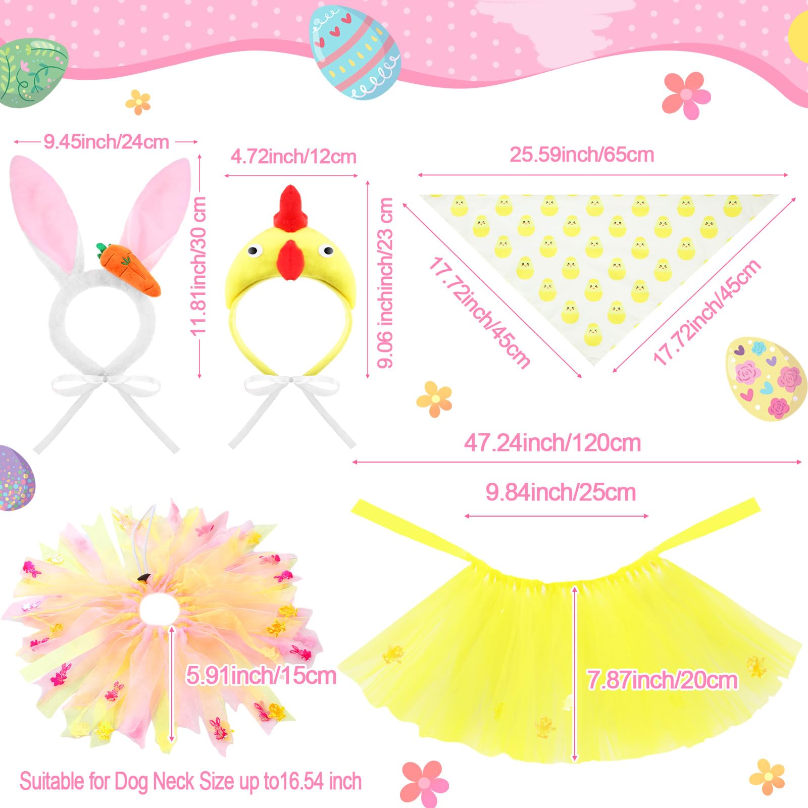 Huhumy 6 Pcs Adjustable Dog Easter Costumes Include Bunny Ears And Chick Headband Dog Bandana Easter Collar Tulle Tutu For Small