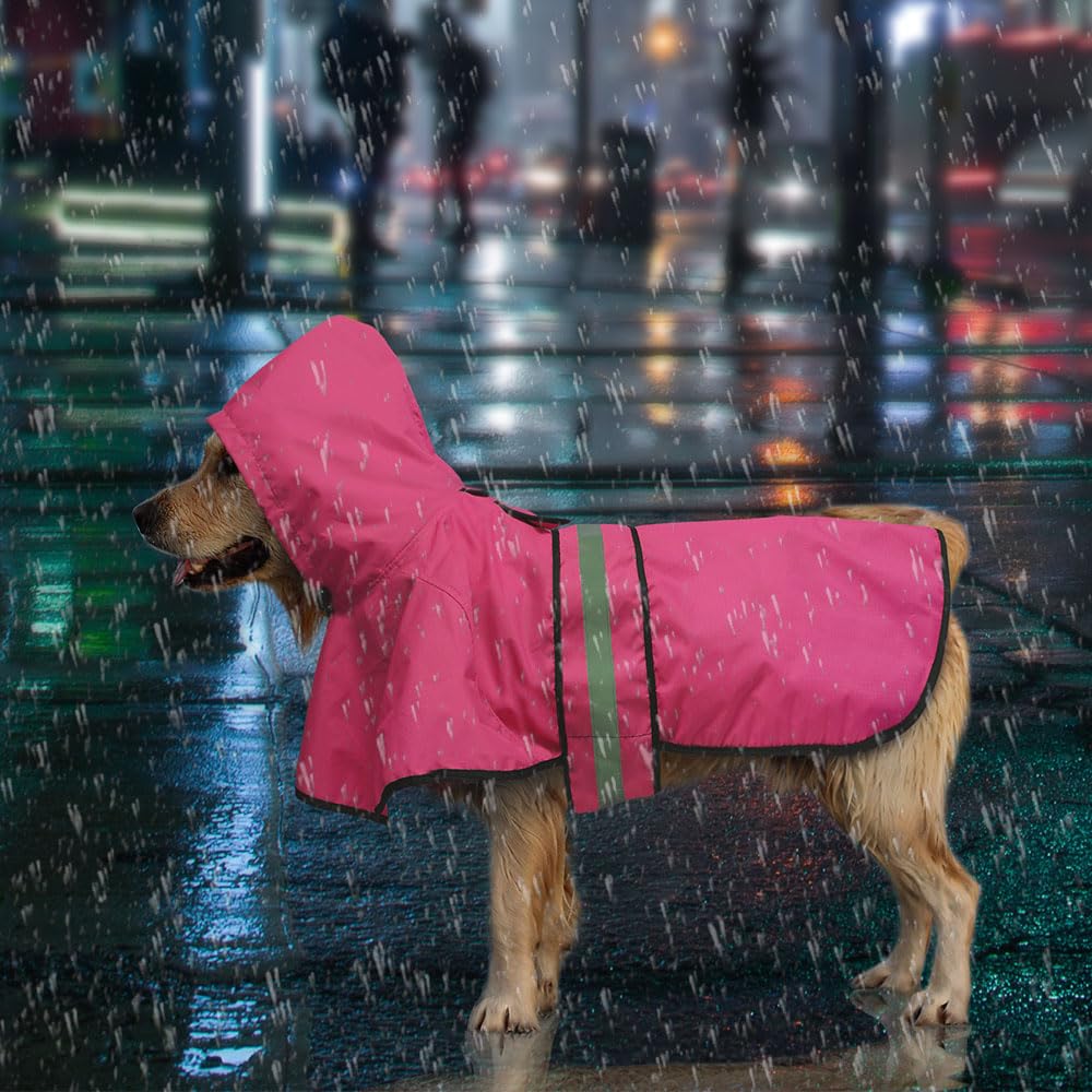 Candofly Reflective Dog Raincoat - Waterproof Dog Rain Jacket With Leash Hole, Hooded Dogs Ponch Slicker For Large Dogs (Pink, X