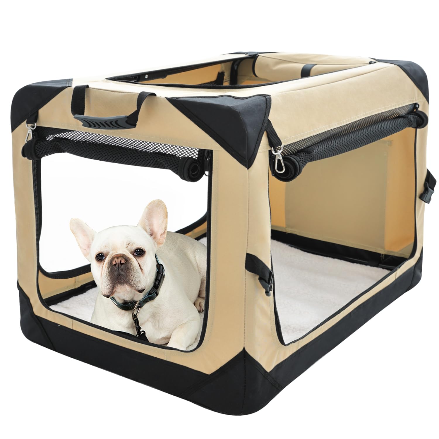 Pettycare 42 Inch Collapsible Dog Crate For Large Dogs, 4-Door Foldable Soft Dog Kennel With Chew Proof Mesh Windows, Indoor & Outdoor Travel Dog Crate, Soft Side Dog Crate,Beige