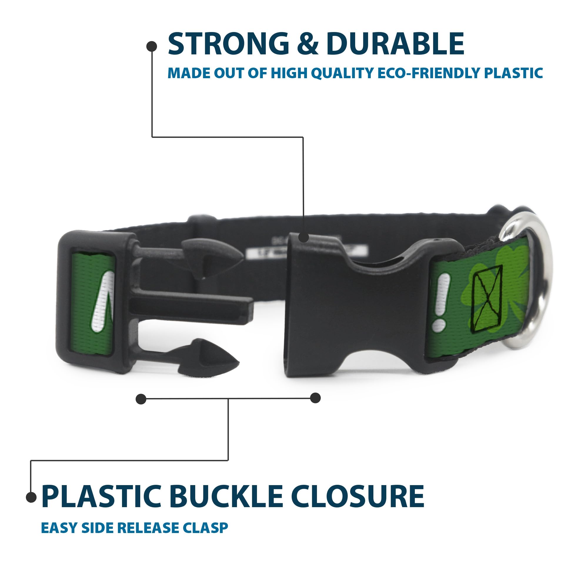 Buckle-Down Plastic Clip Collar - Kiss Me, I'M Irish! Clovers Green/White - 1/2' Wide - Fits 8-12' Neck - Medium