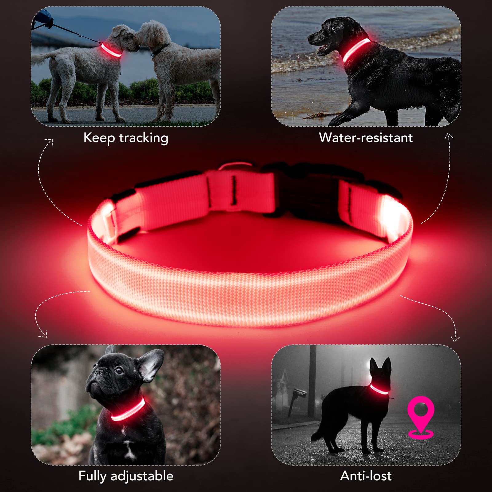 Koskill Light Up Dog Collar At Night, Led Dog Collar Adjustable, Lighted Dog Collar Rechargeable Waterproof, Dog Lights For Nigh