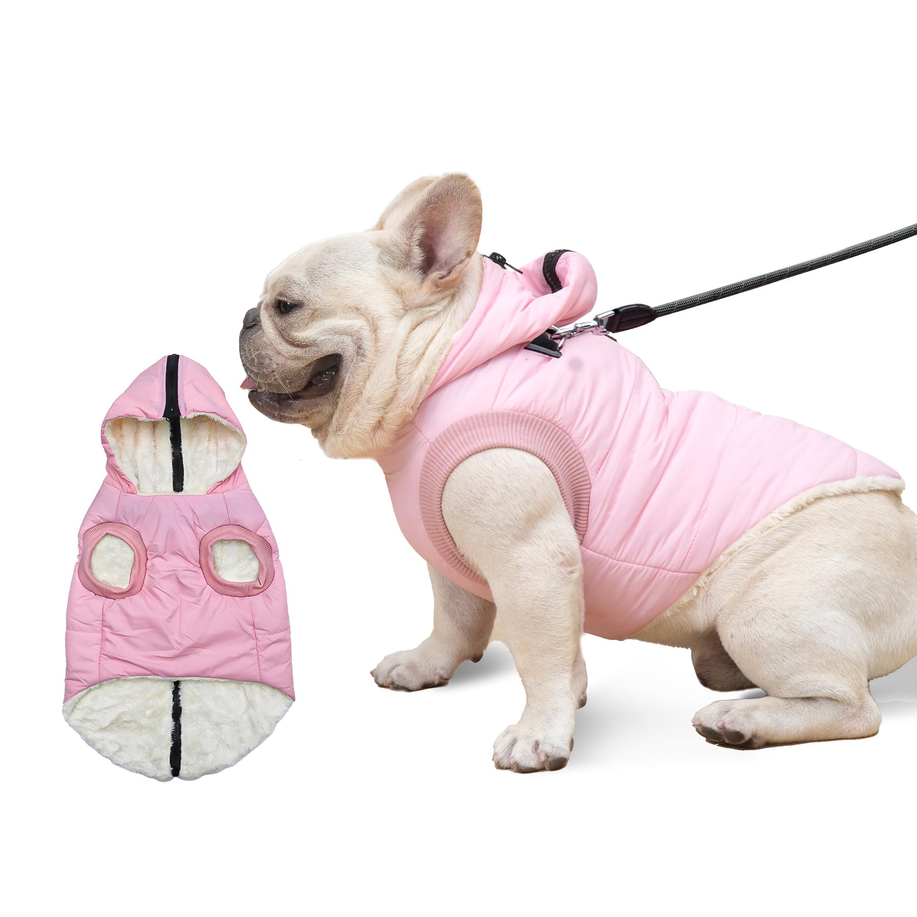 Vecomfy Fleece Lining Dog Hoodie With Harness Built In,Extra Warm Medium Dog Jacket In Winter Doggie Coats With Hooded,Light Pink L
