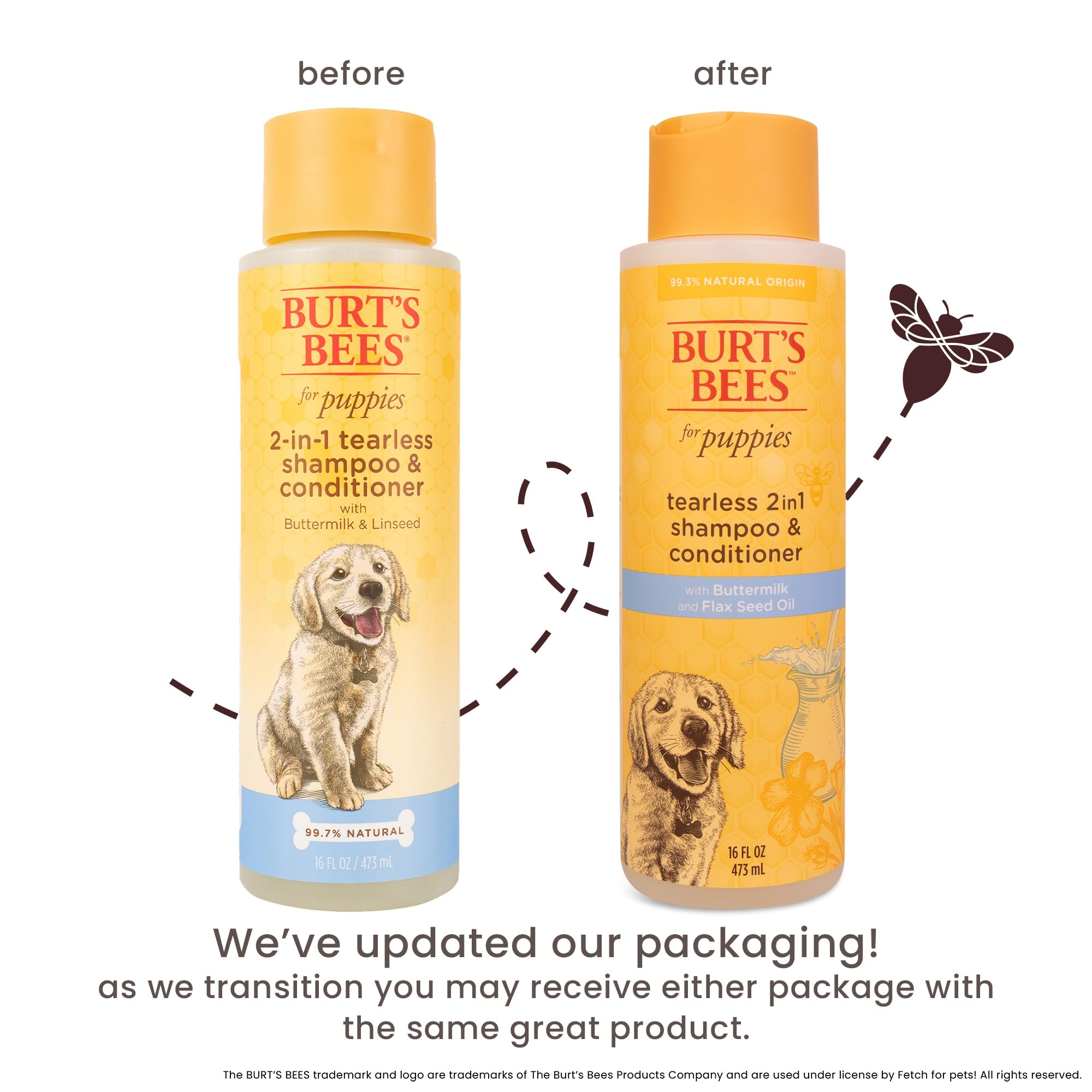 Burts Bees for Pets Tearless Puppy 2-in-1 Shampoo and Conditioner with Buttermilk and Linseed Oil, 2pk, 95% Natural Origin Form