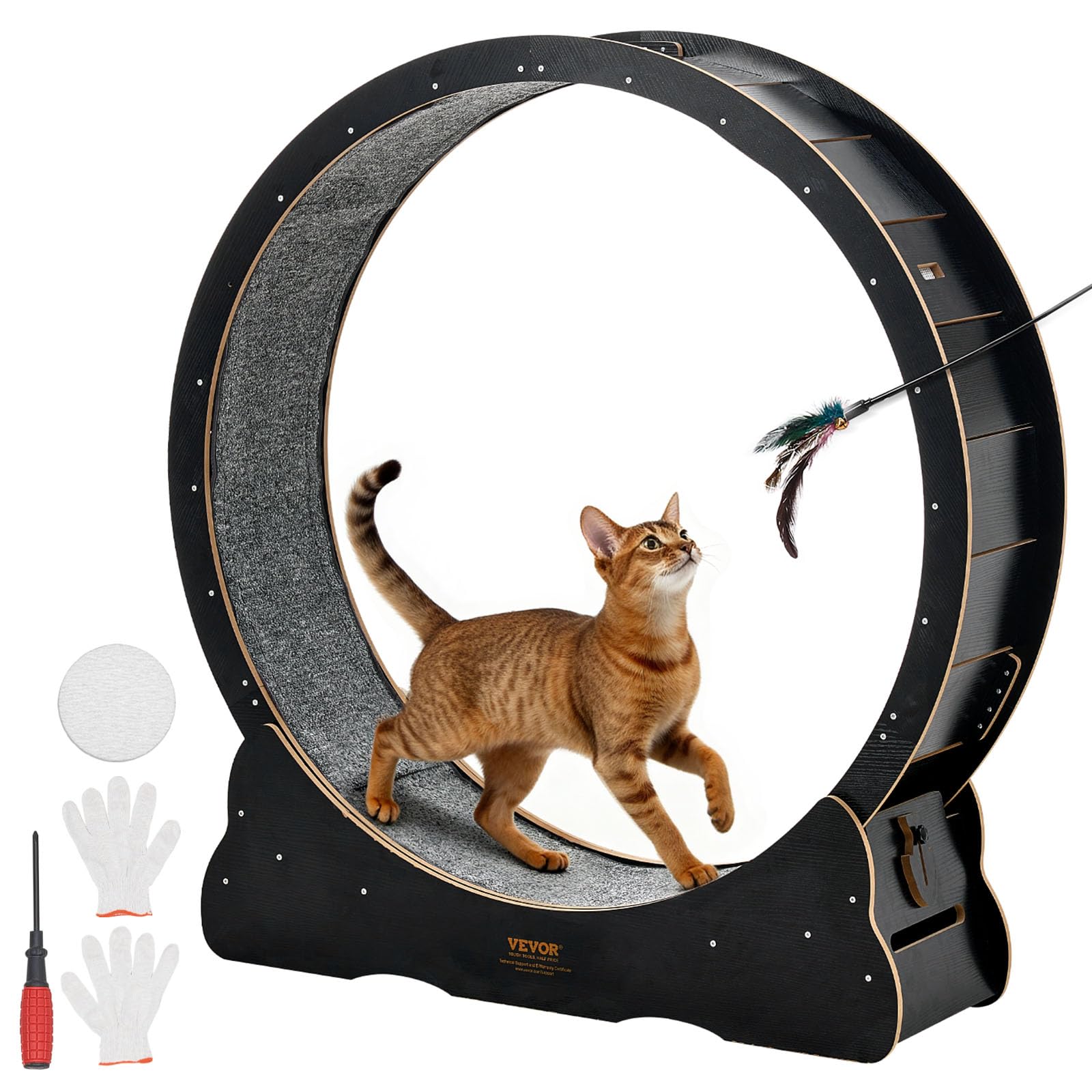 VEVOR Cat Exercise Wheel, 48 in Wooden Cat Running Wheel for Indoor Cats up to 28 lbs, Cats Treadmill with Carpeted Runway & Loc