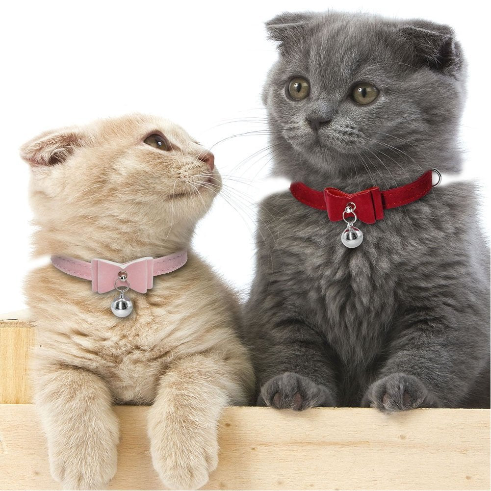 Stock Show 2Pcs Small Pet Velvet Bowknot Collar With Bell Adjustable Pu Leather Cute Necklace Bow Tie For Cat Kitten Kitty Dog Puppy, Pink&Red