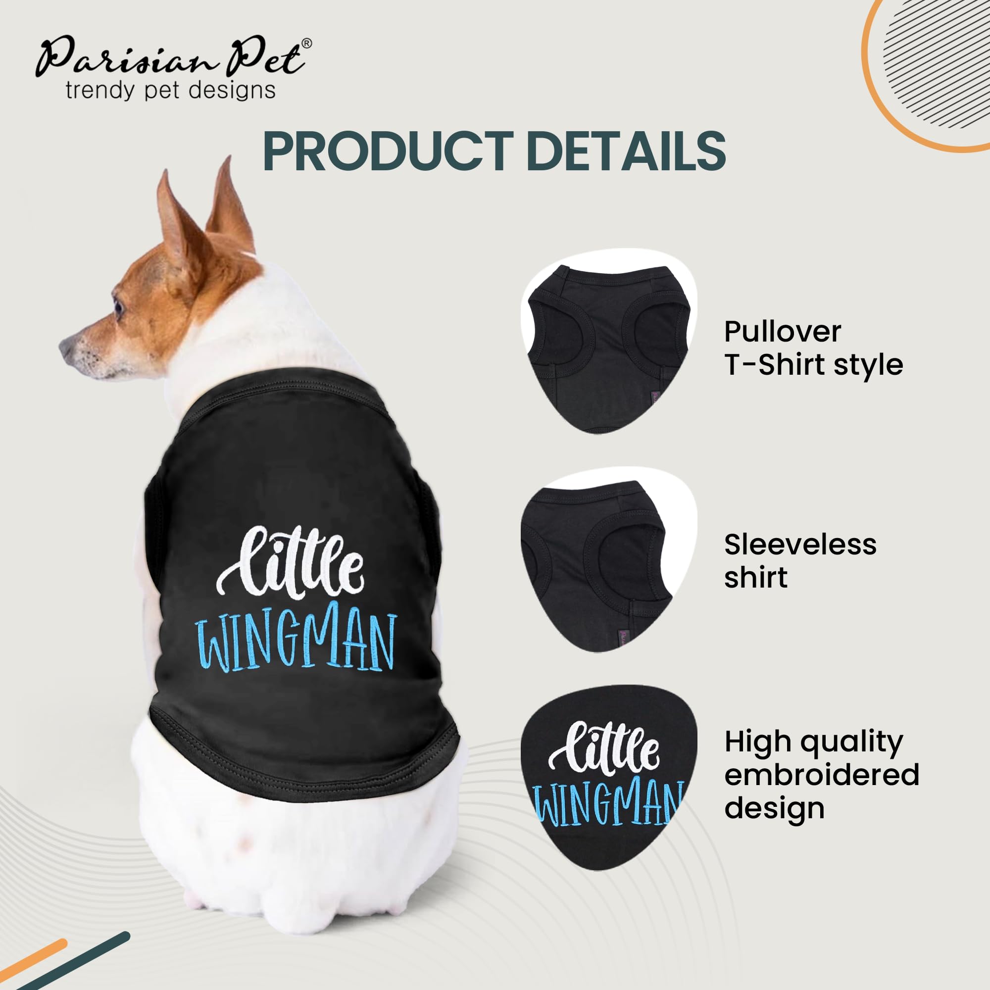 Parisian Pet Embroidered 'Little Wingman' Sleeveless Black Dog Tee - Pure Cotton, Lightweight, Machine Washable - Xl