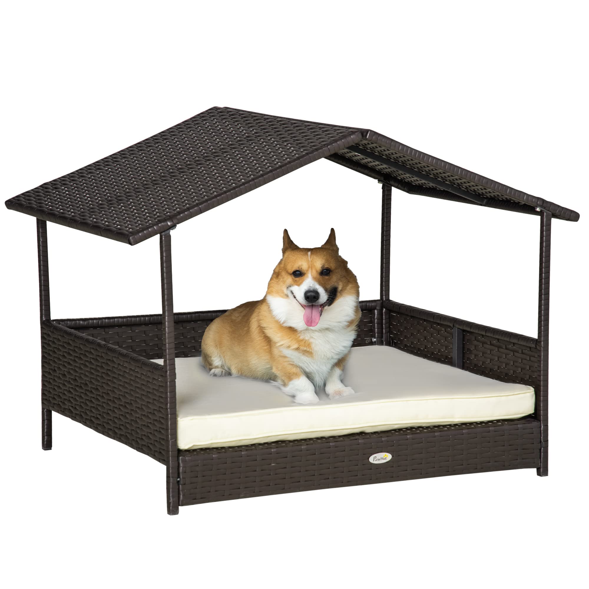 PawHut Wicker Dog House Outdoor with Canopy, Rattan Dog Bed with Water-Resistant Cushion, for Small and Medium Dogs, Cream
