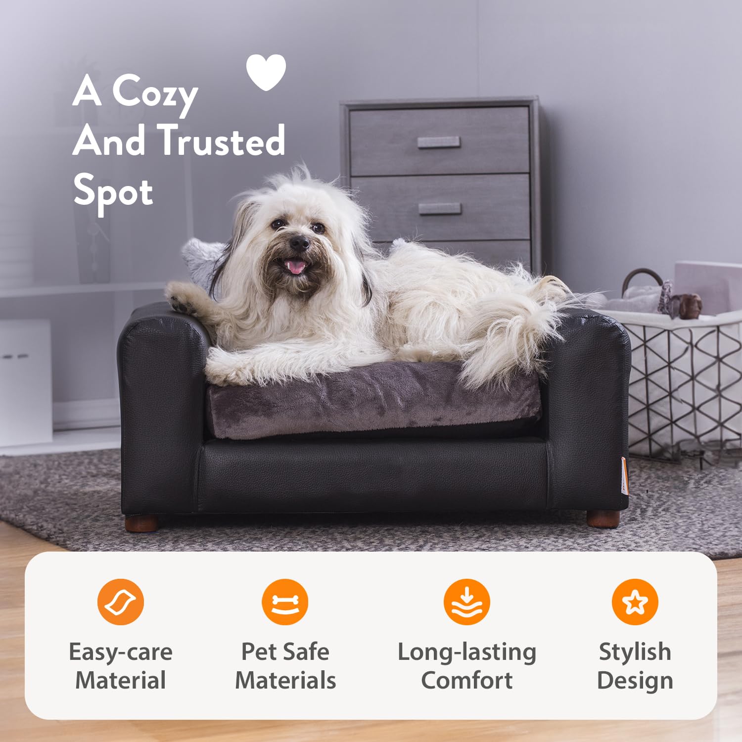Moots Premium Leatherette Pets Sofa, Black/Charcoal, Small