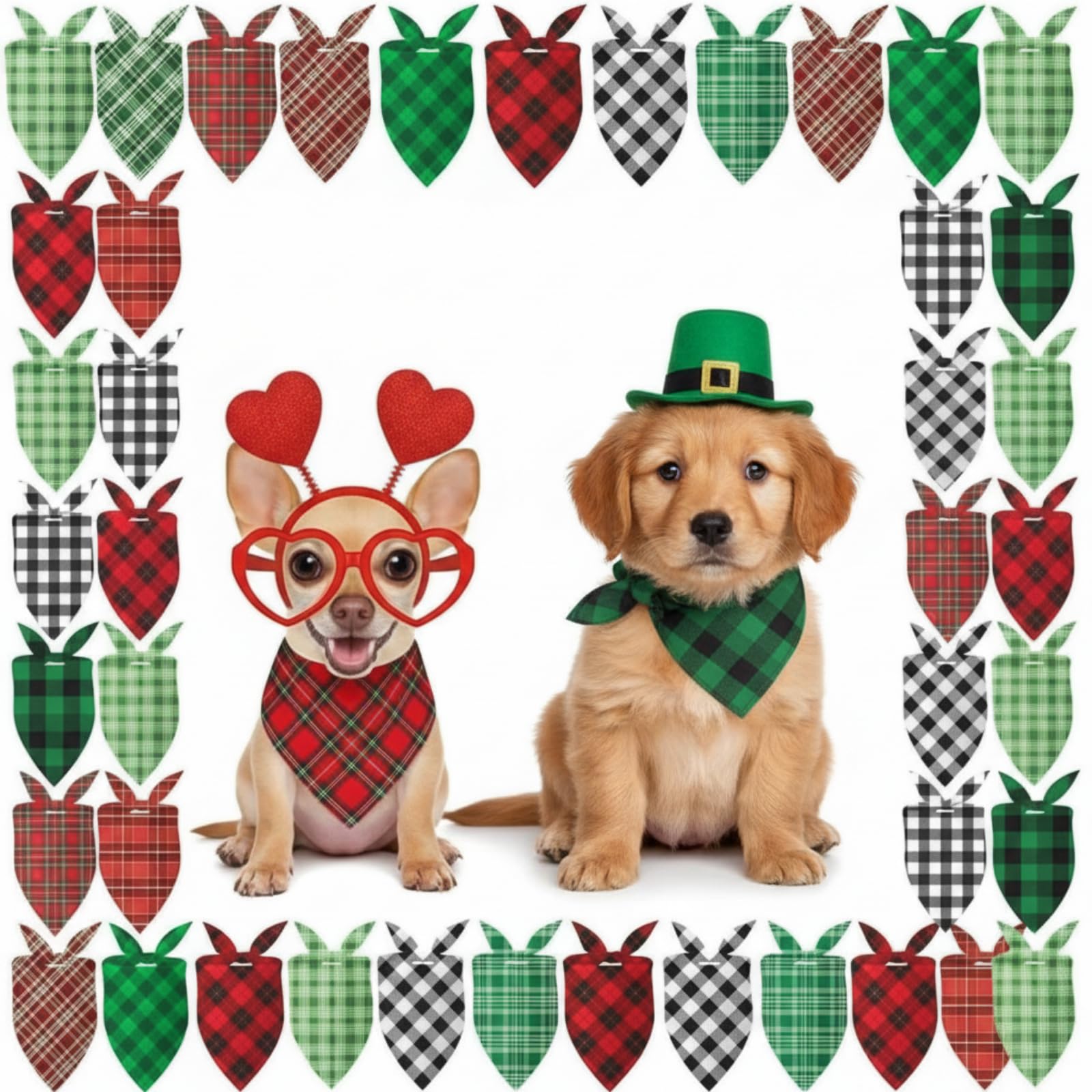 Weewooday 50 Pcs Valentine's & St. Patrick's Day Dog Bandanas Bulk Red & Green Plaid Bandanas for Dogs Soft Triangle Bibs Adjust