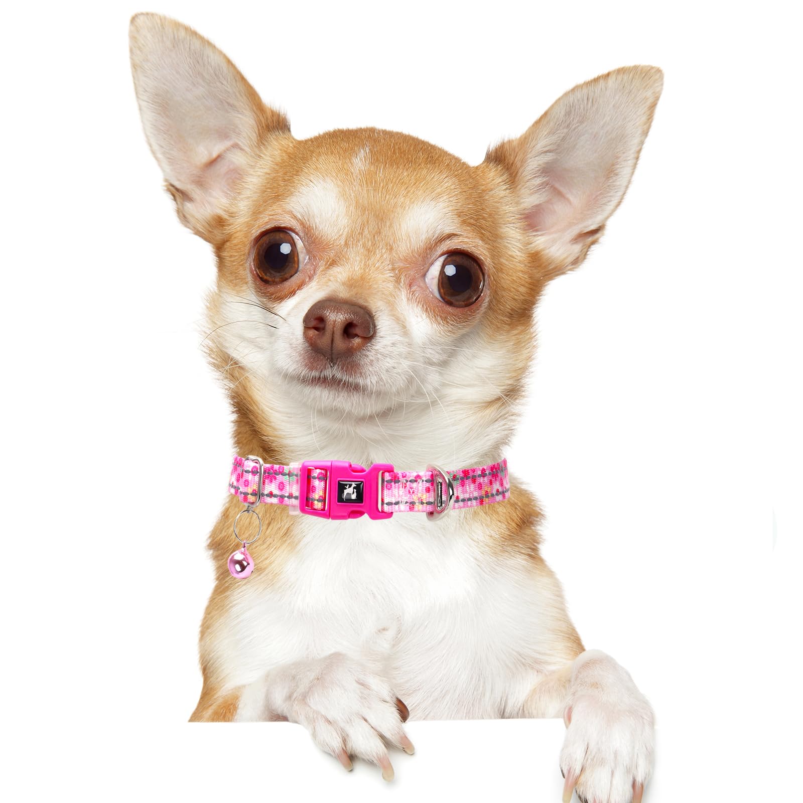 Pink Puppy Collar With Bell - Reflective Adjustable Nylon Kitten-Safe Collar For Small Dogs & Cats, Soft Flower Pattern Design F