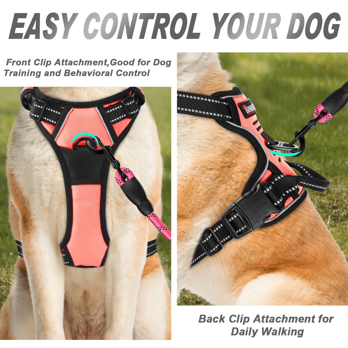 Barkbay No Pull Dog Harness Front Clip Heavy Duty Reflective Easy Control Handle For Large Dog Walking(Light Pink,M)