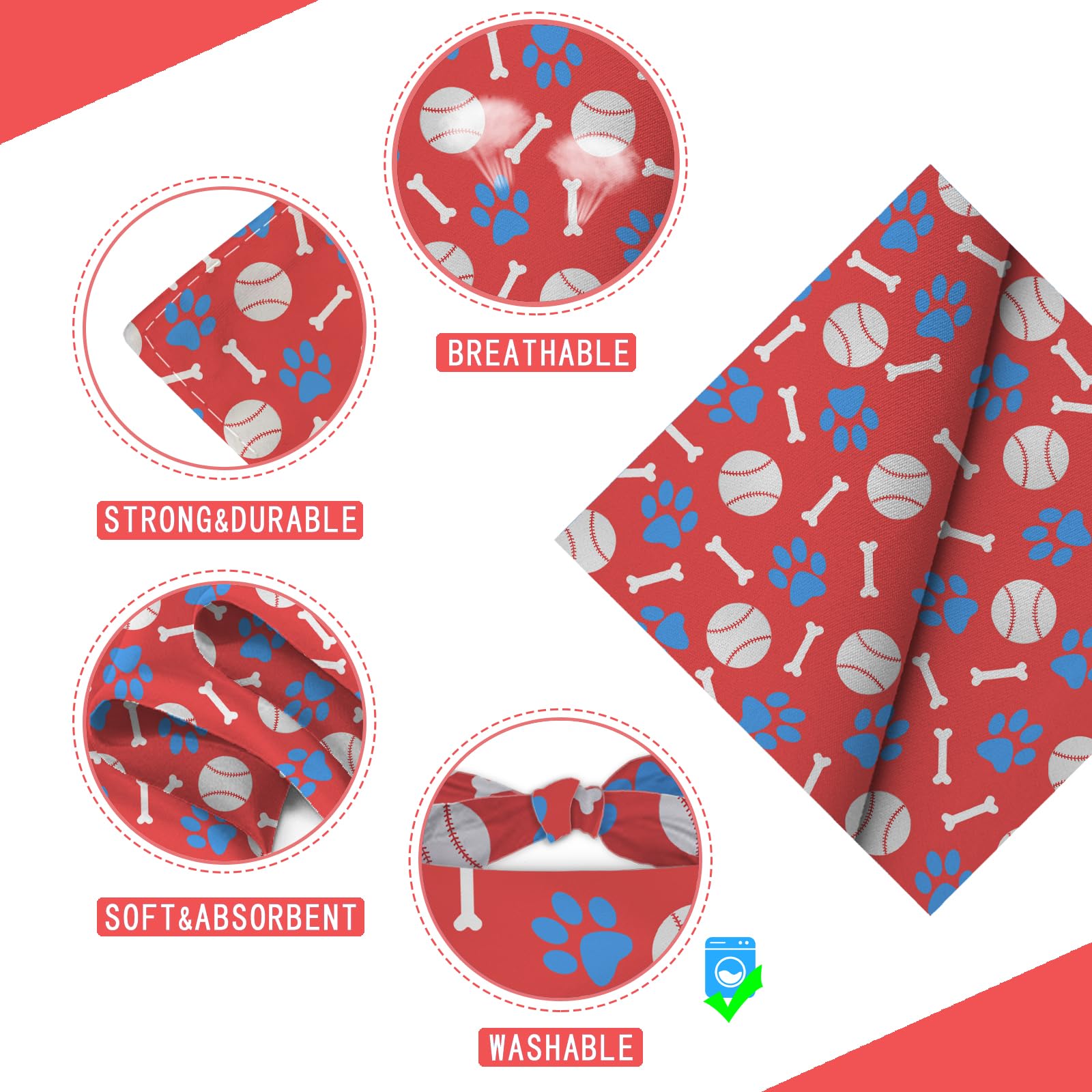 Liboom - Baseball Dog Bandana Washable Pets Scarf Triangle Adjustable Handkerchief, Double Sided Printing, Red, Blue Paw Bone (L