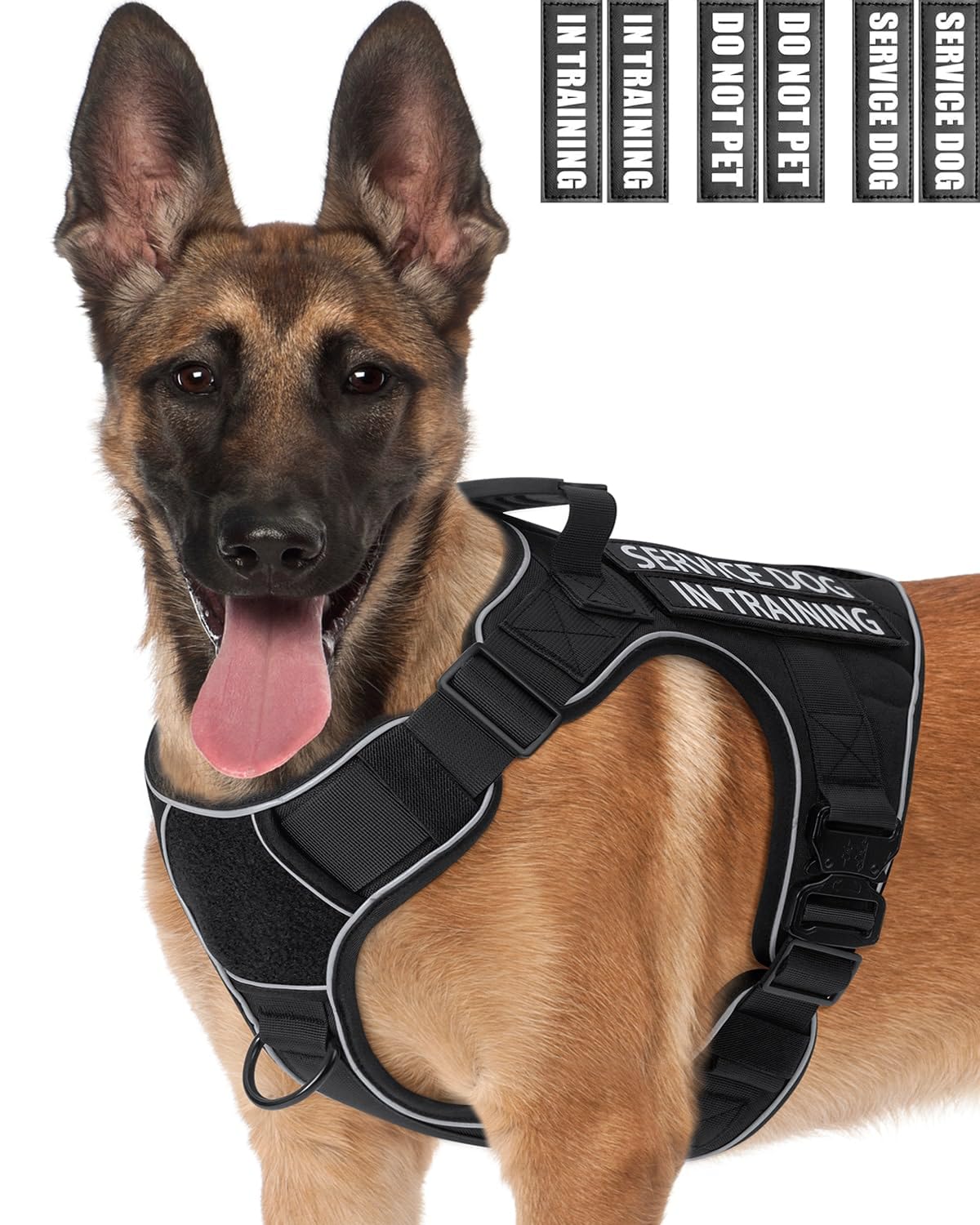 Reflective Service Dog In Training Vest Harness For Medium Large Dogs, Adjustable Heavy Duty Padded Black Dog Harness, With Fron