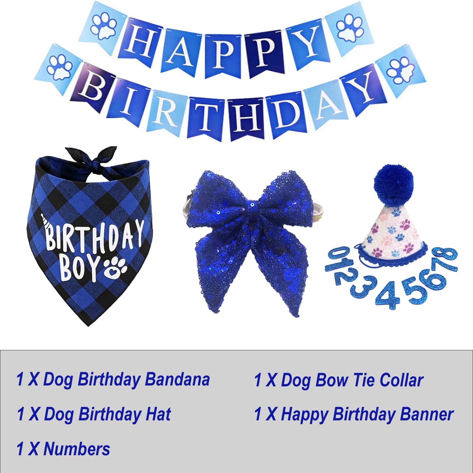 Plaid Dog Puppy Bandana Hat Scarf Set With Numbers, Happy Birthday Banner Set, Cute Dog Bow Tie Collar