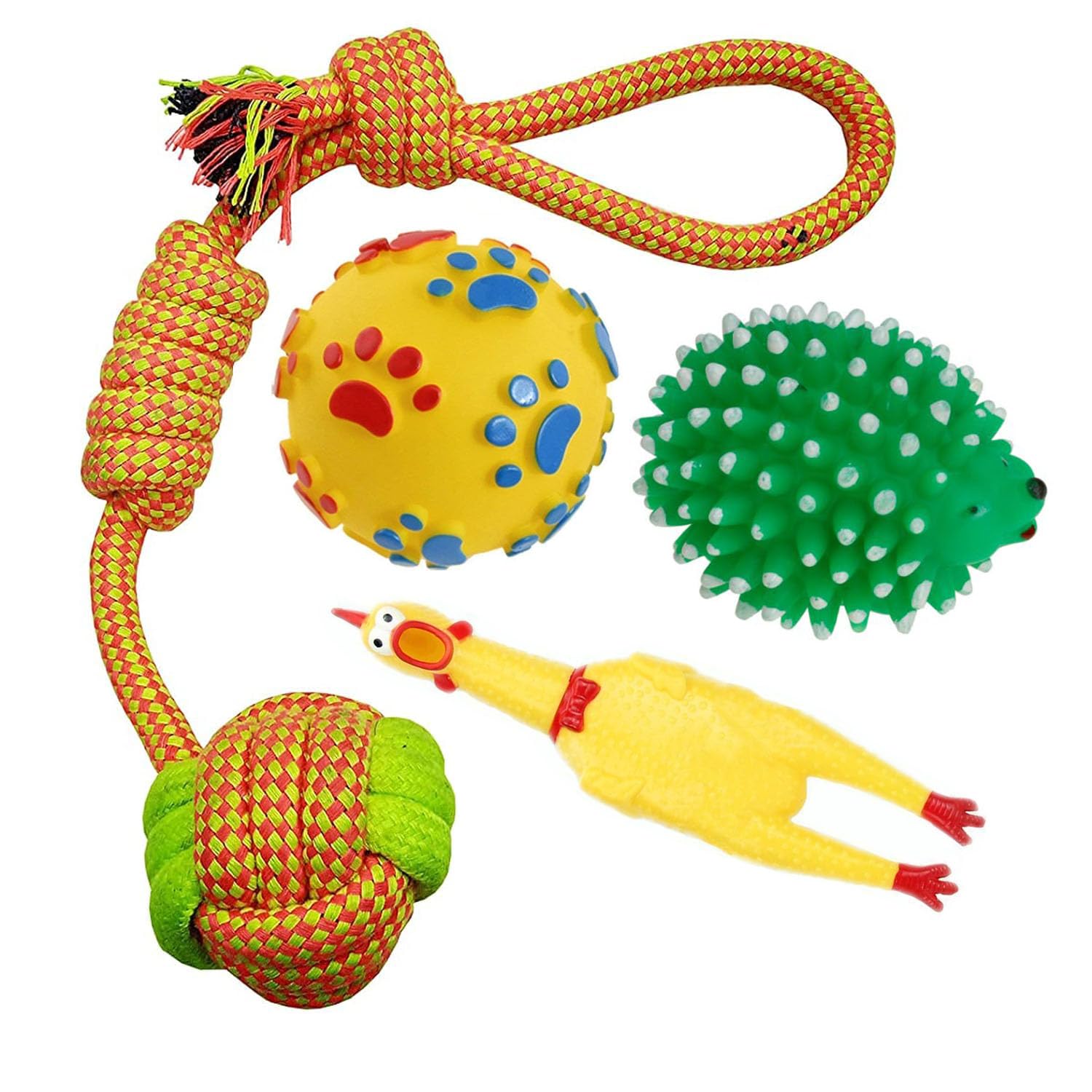 W9 Pet Products Combo Of 4 Natural Latex Squeaky Rubber Toy With Knotted Rope Toy For Small Breed Puppy Rope,Hedgehog,Ball,Chic