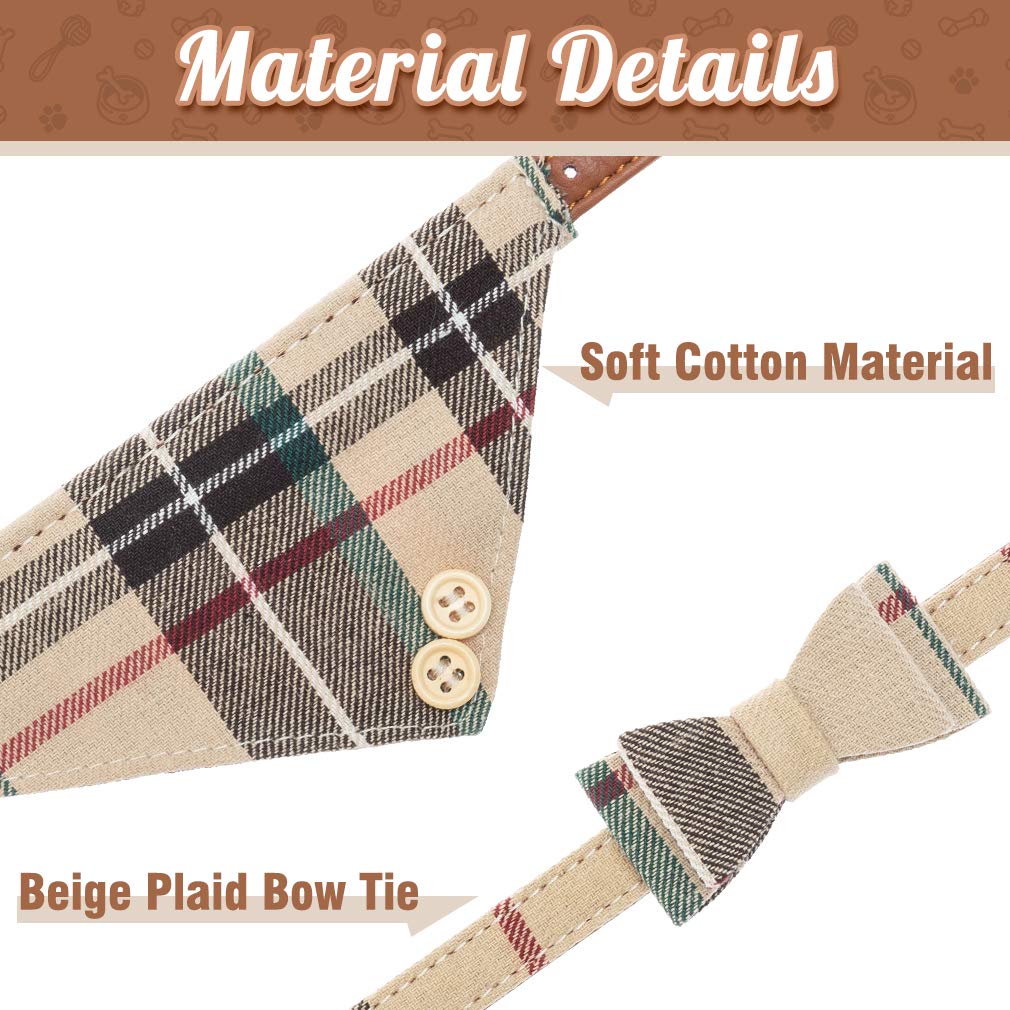 EXPAWLORER Dog Collar and Leash Set - Adjustable Plaid Bow Tie & Bandana, Small, Cream, Model INV005-01, Perfect for Dogs & Cats